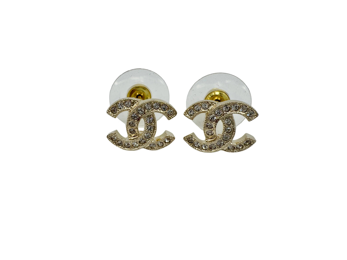 CHANEL Mini Gold Crystal CC Stud Earrings