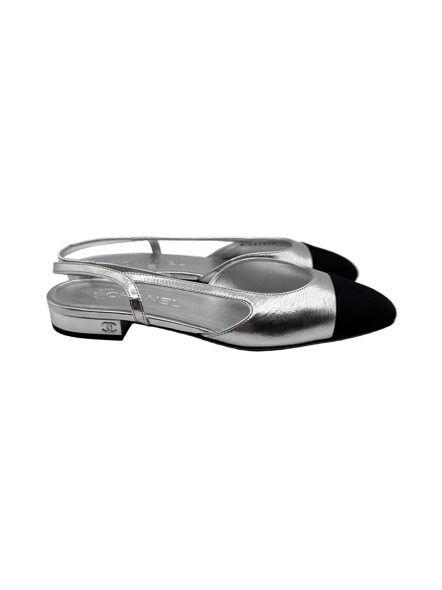 CHANEL Silver Metallic Slingback Flats