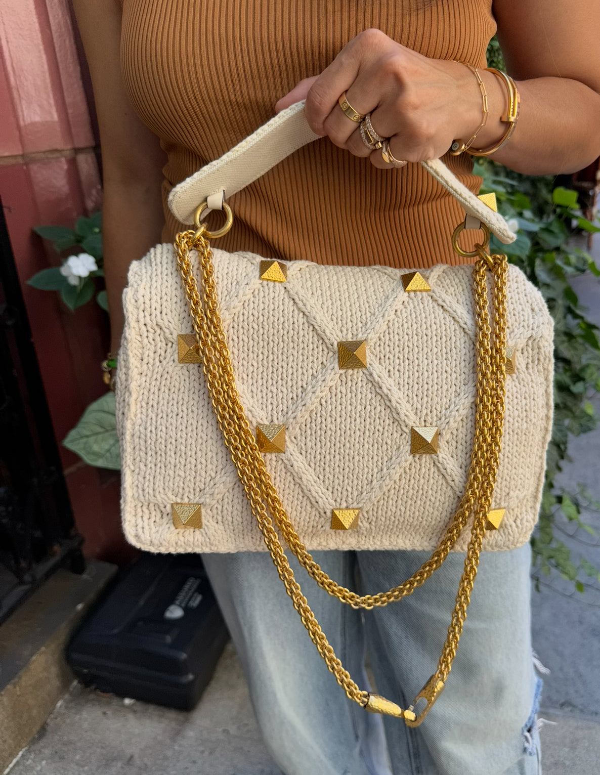 Valentino White Ivory Knit Rockstud Bag