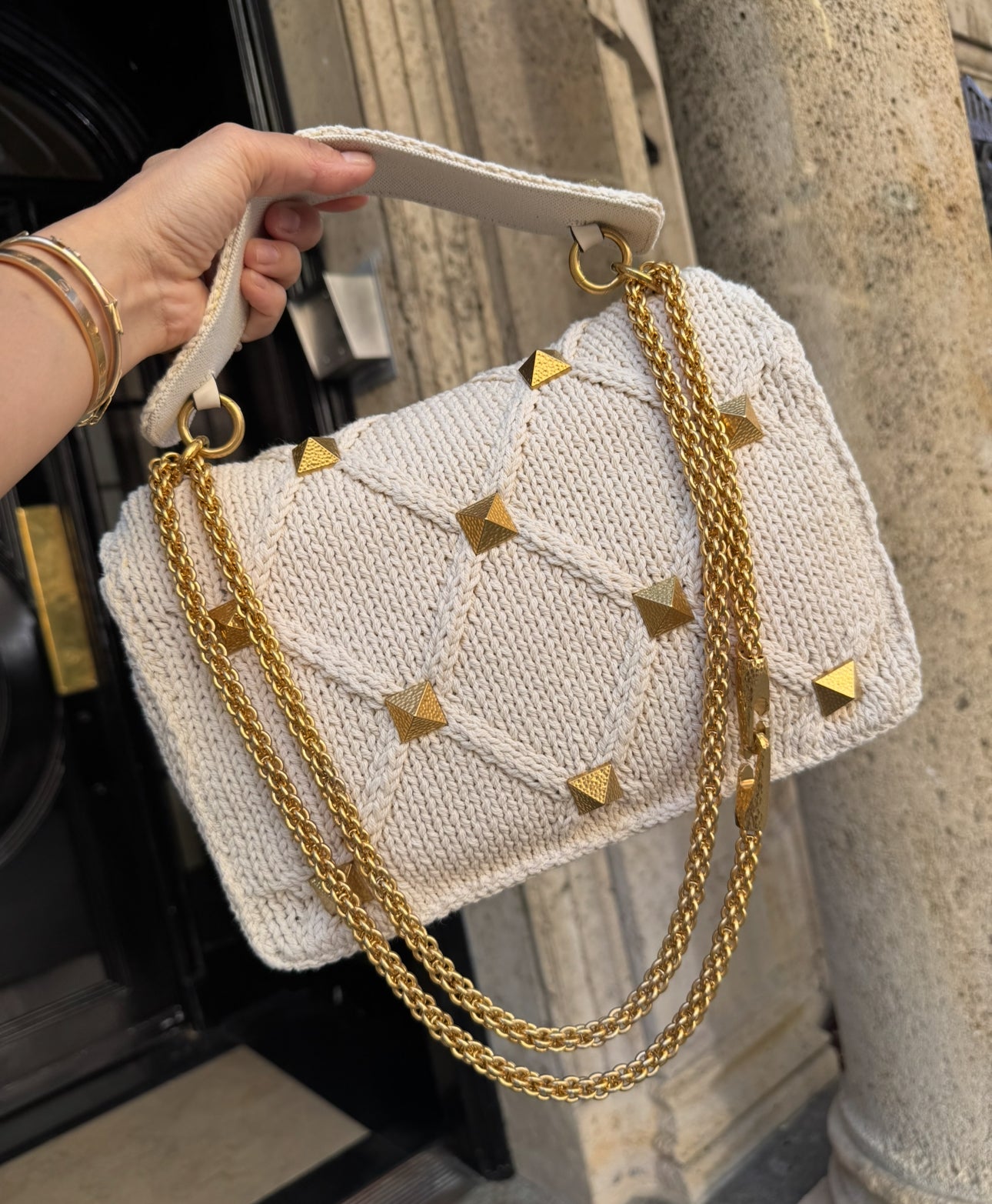 Valentino White Ivory Knit Rockstud Bag