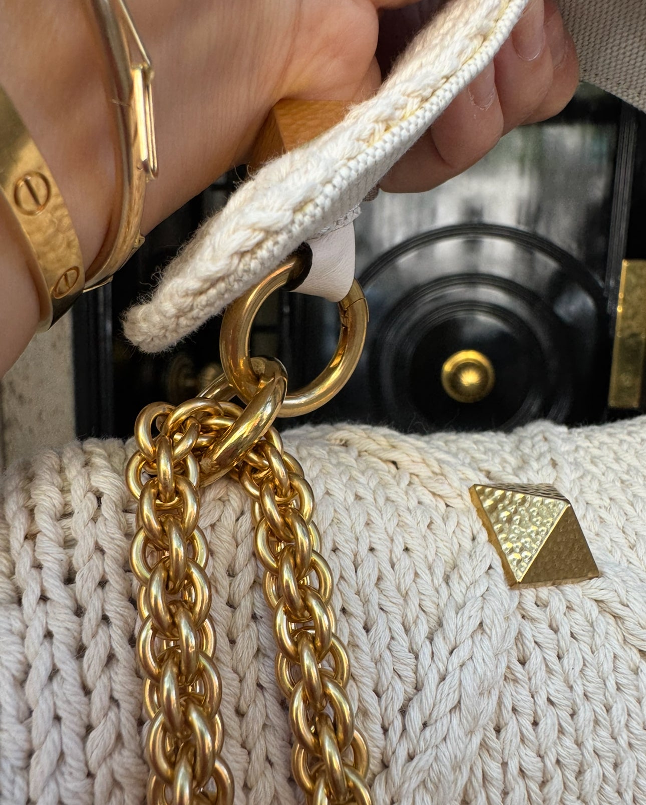 Valentino White Ivory Knit Rockstud Bag