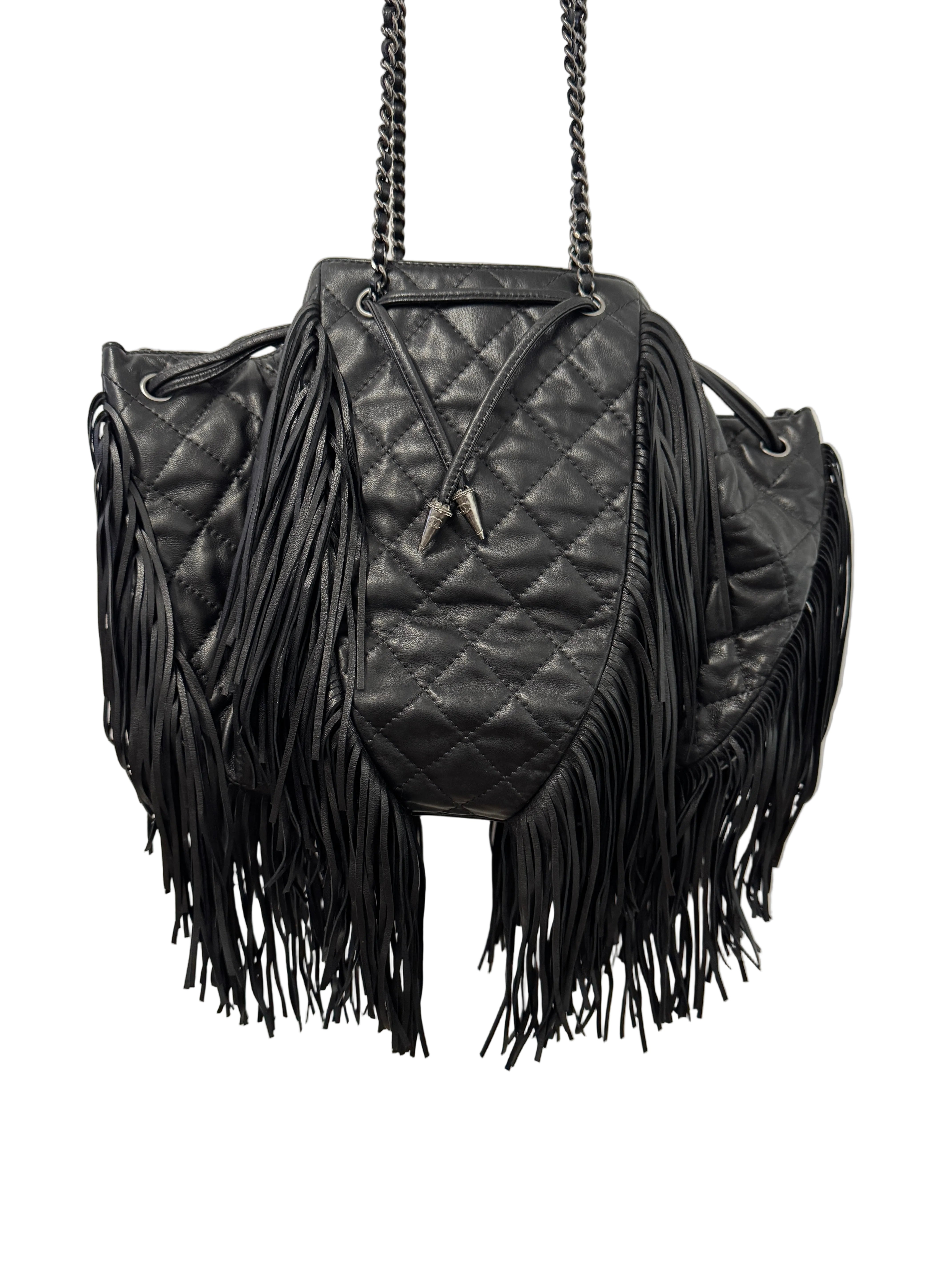 Chanel 2014 Vintage Paris Dallas Black Leather Fringe Bag
