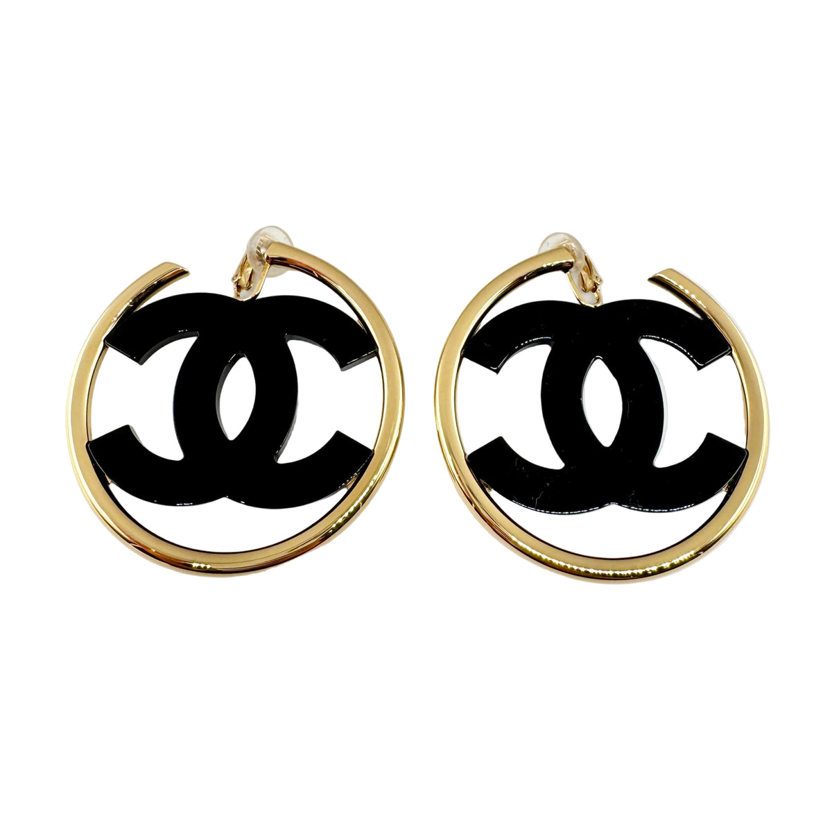CHANEL Big Black CC Clip On Gold Hoop Earrings