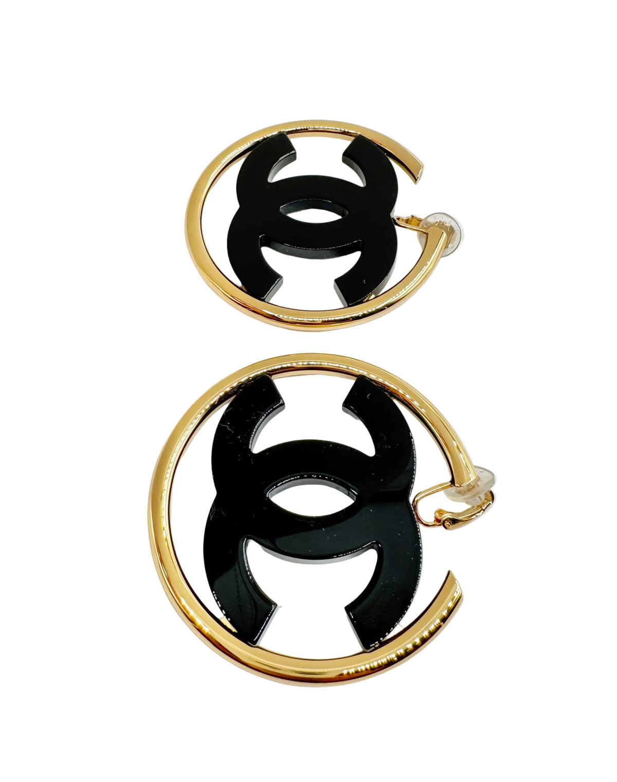 CHANEL Big Black CC Clip On Gold Hoop Earrings