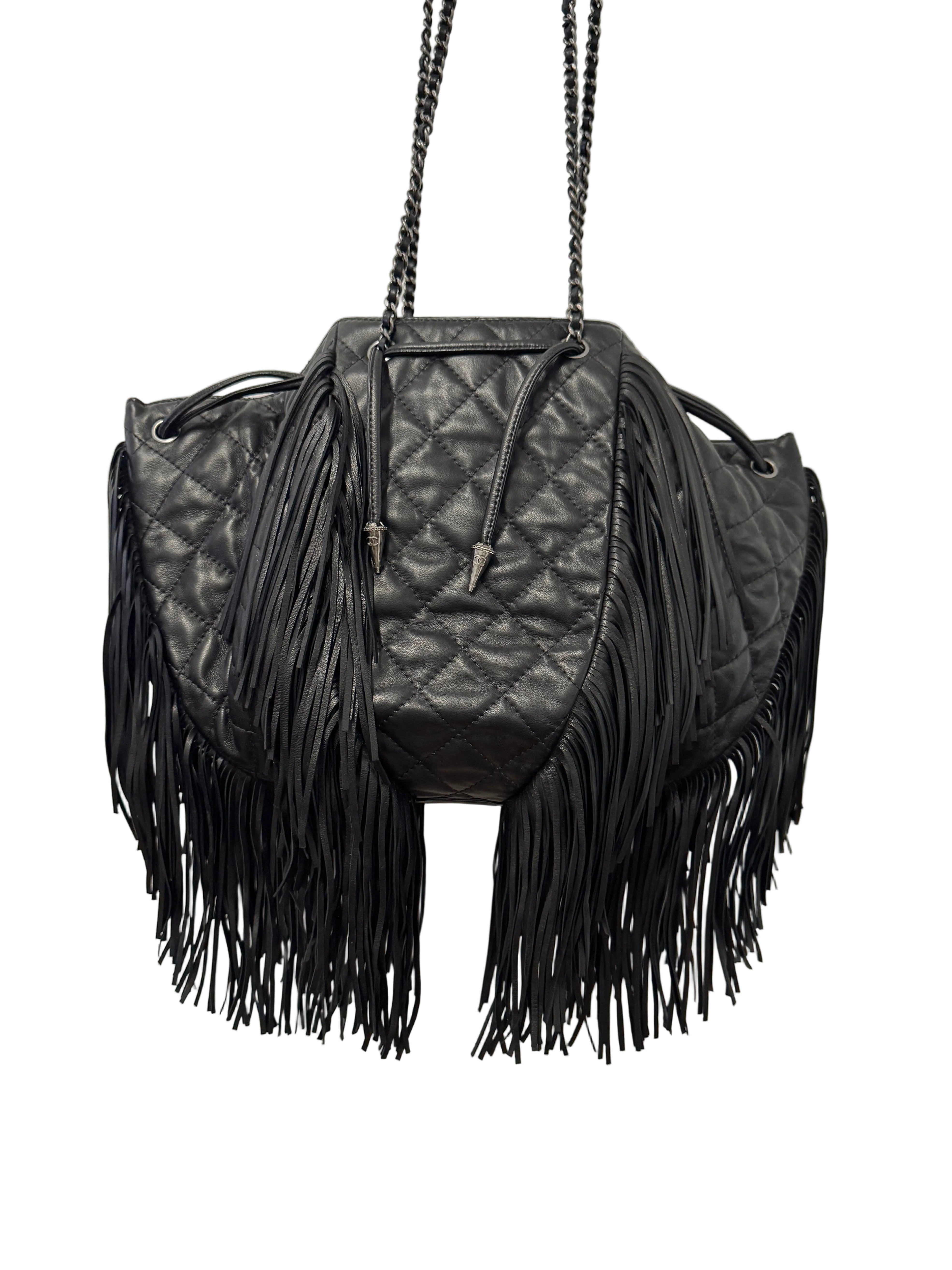 Chanel 2014 Vintage Paris Dallas Black Leather Fringe Bag