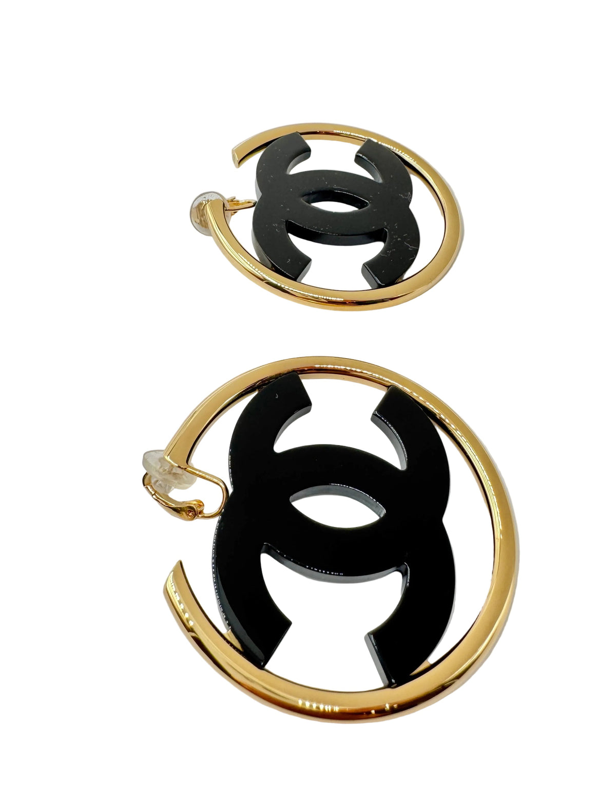 CHANEL Big Black CC Clip On Gold Hoop Earrings