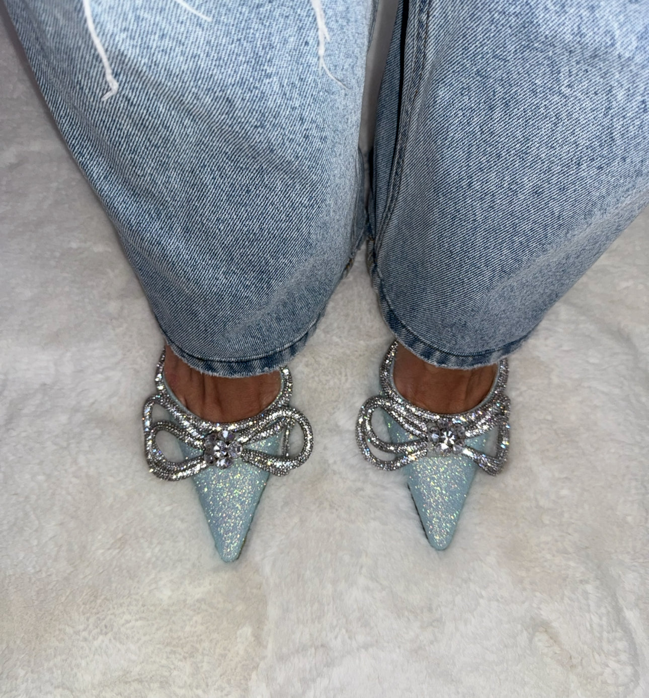 Mach and Mach Baby Blue Glitter Bow Heels