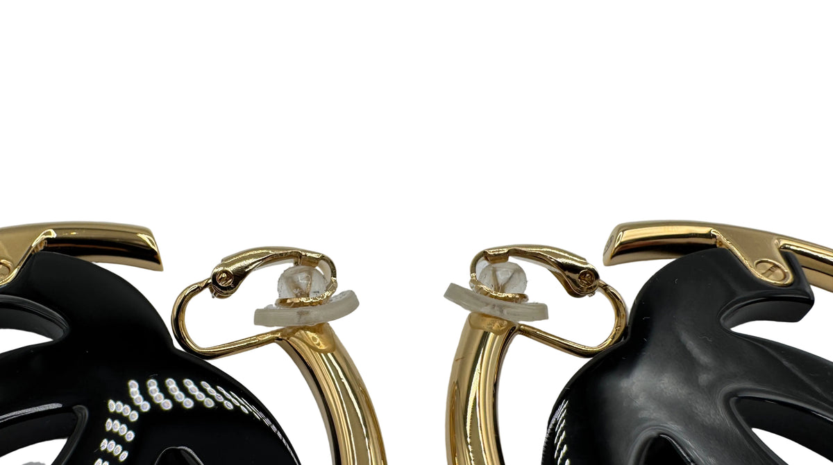 CHANEL Big Black CC Clip On Gold Hoop Earrings
