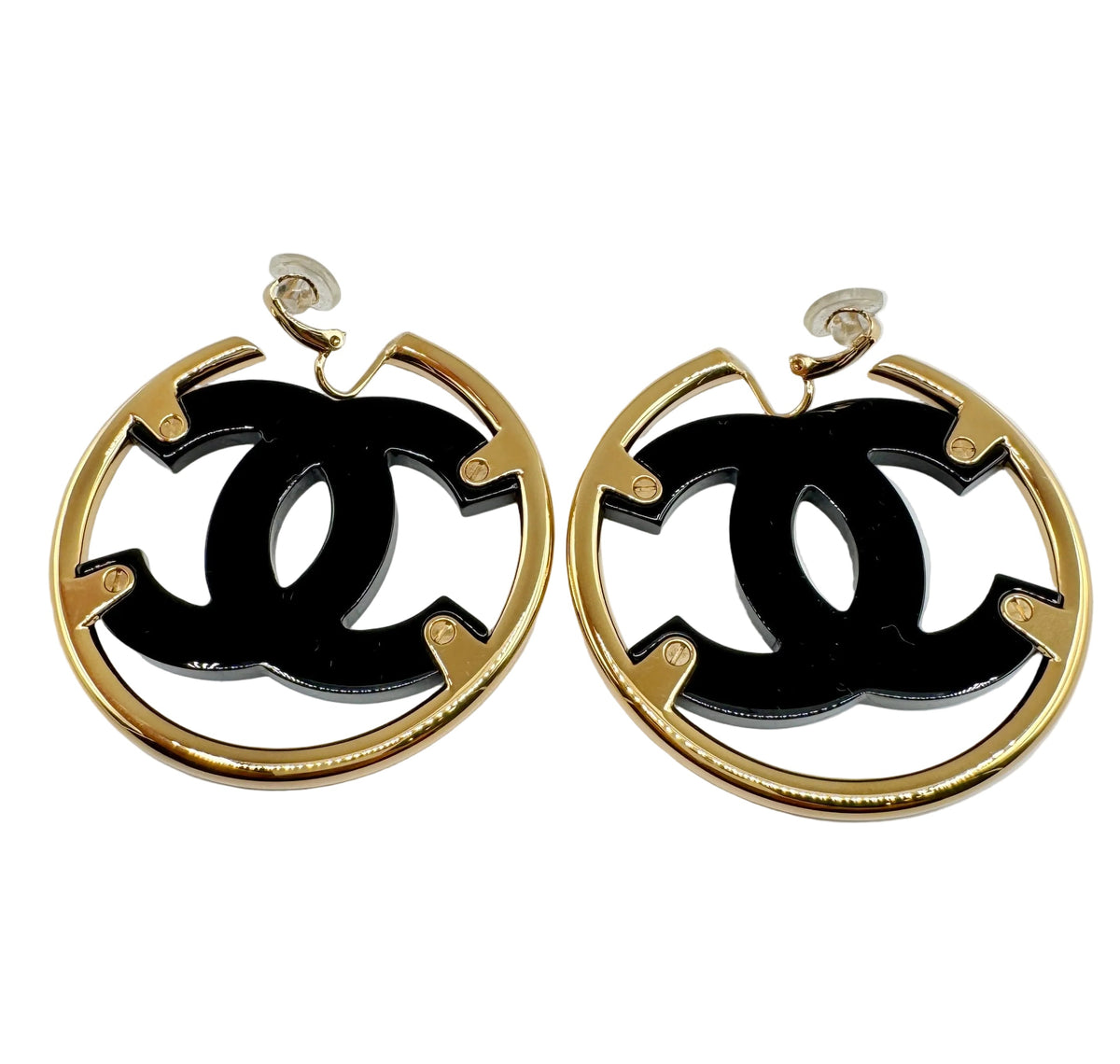 CHANEL Big Black CC Clip On Gold Hoop Earrings