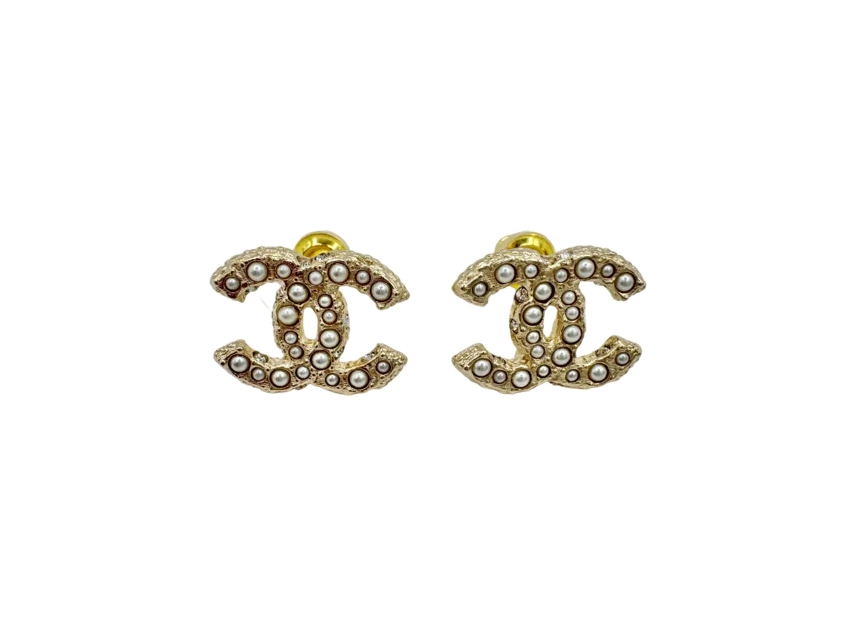 CHANEL Gold CC Stud Earrings with Pearls and Crystals