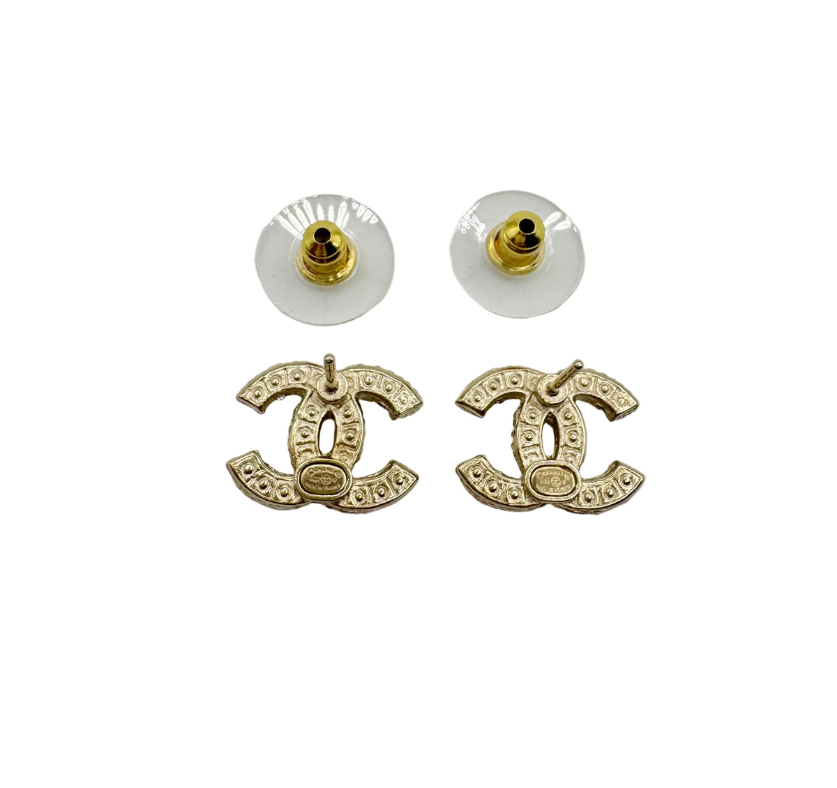 CHANEL Gold CC Stud Earrings with Pearls and Crystals