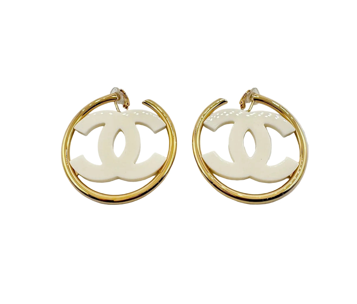 CHANEL Big White CC Clip On Gold Hoop Earrings