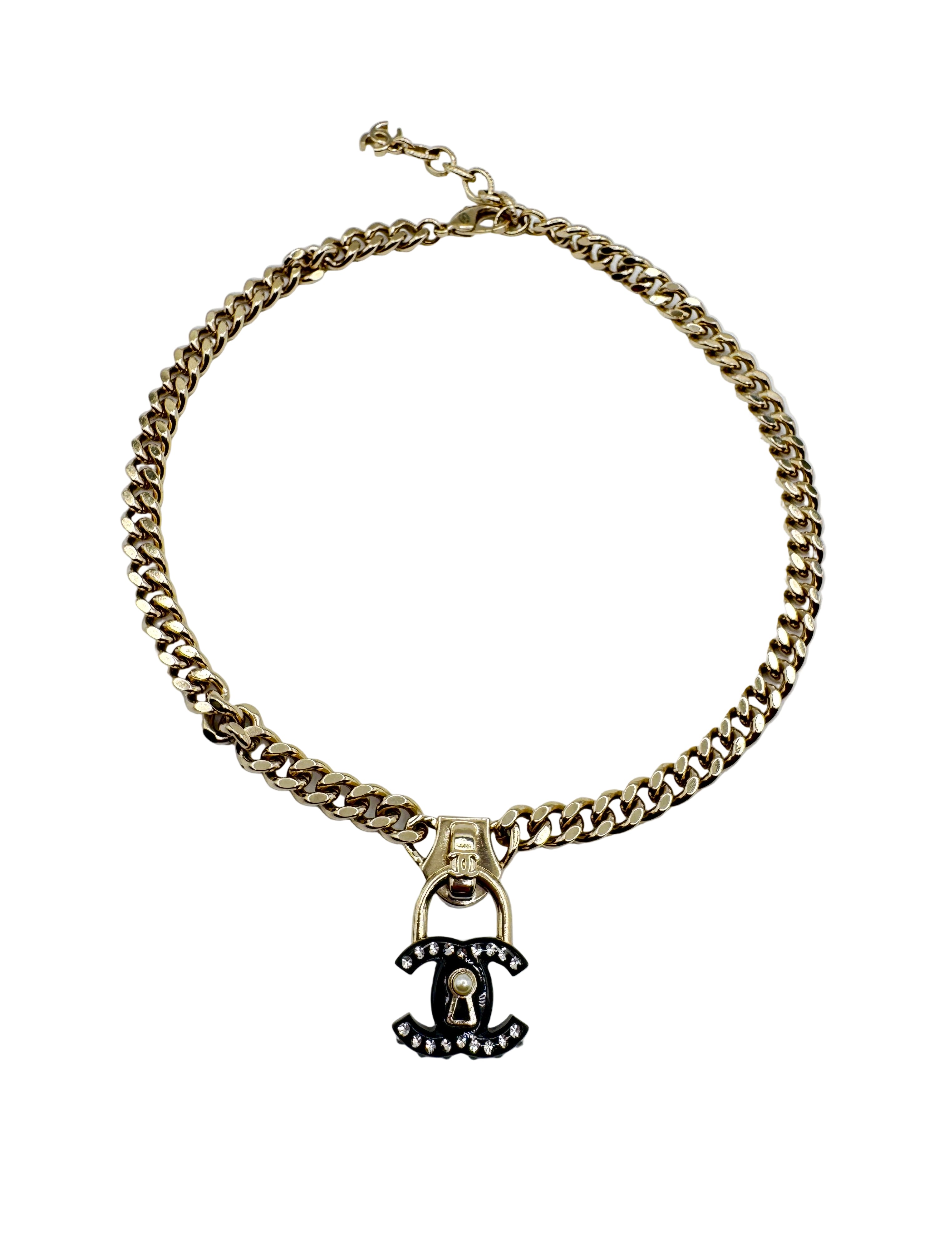 Chanel Black CC Lock Gold Necklace