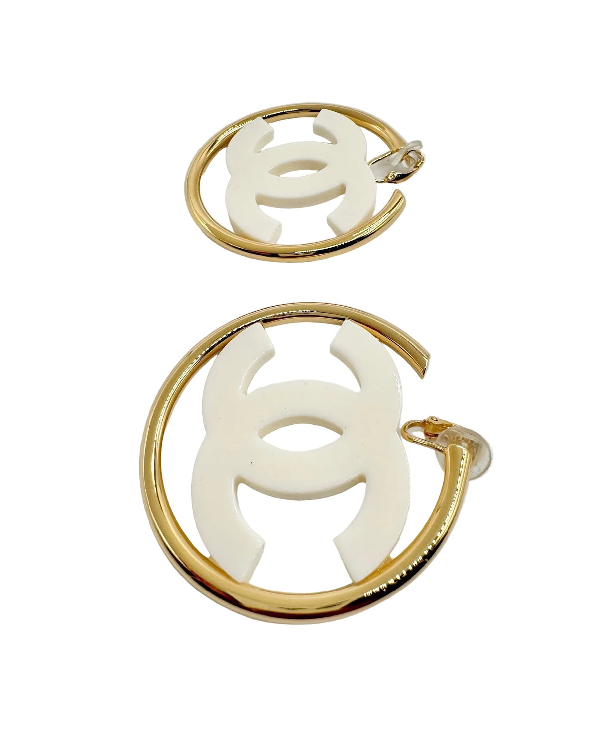 CHANEL Big White CC Clip On Gold Hoop Earrings