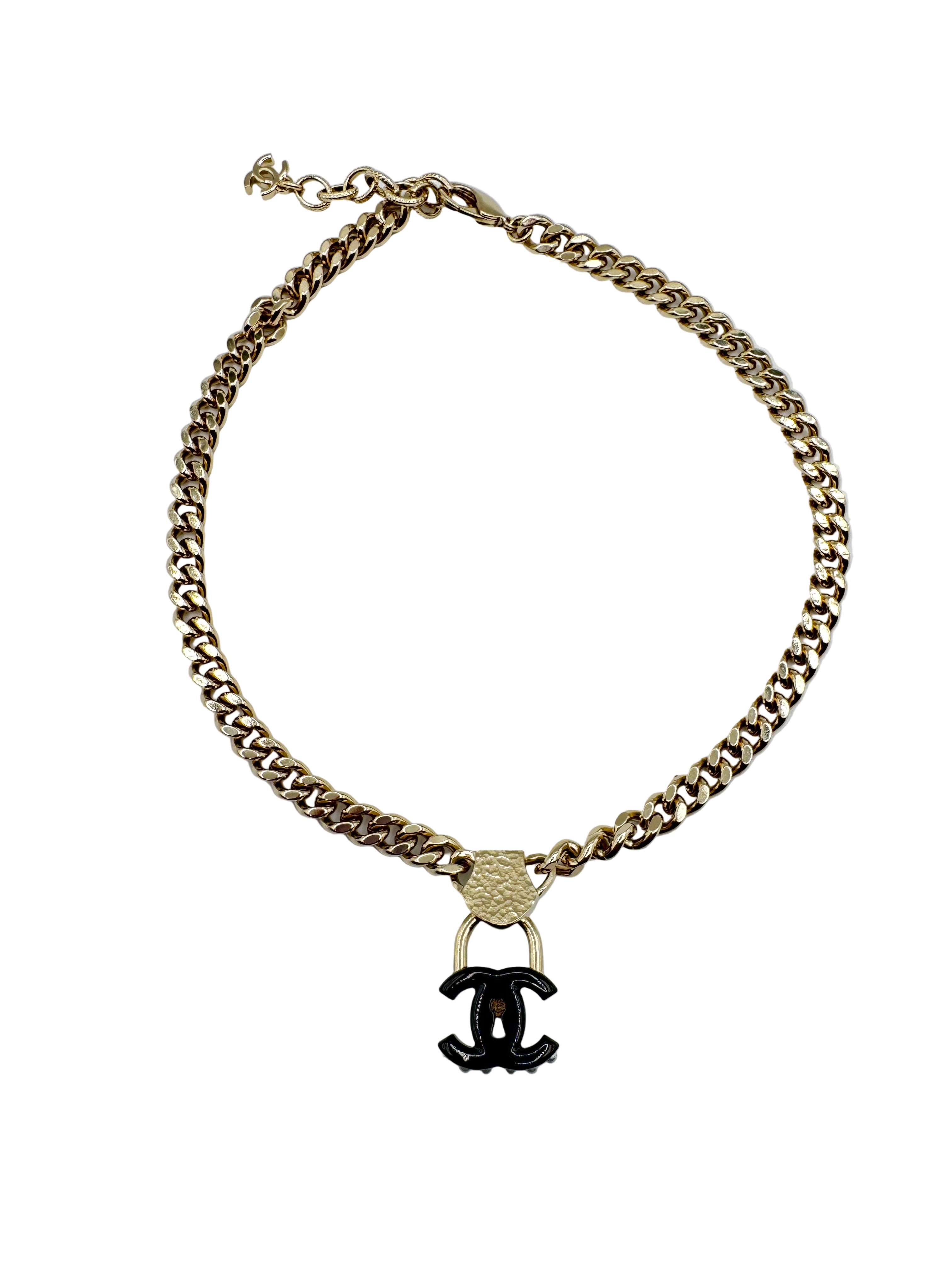 Chanel Black CC Lock Gold Necklace