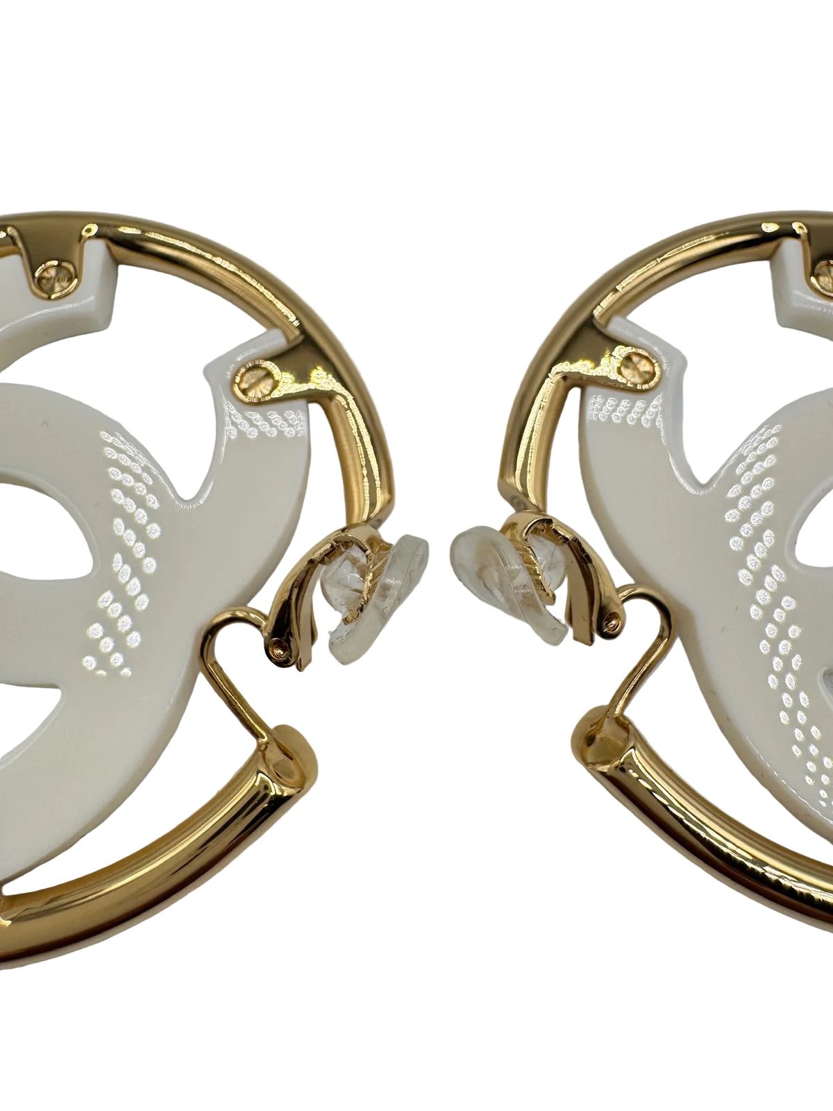 CHANEL Big White CC Clip On Gold Hoop Earrings