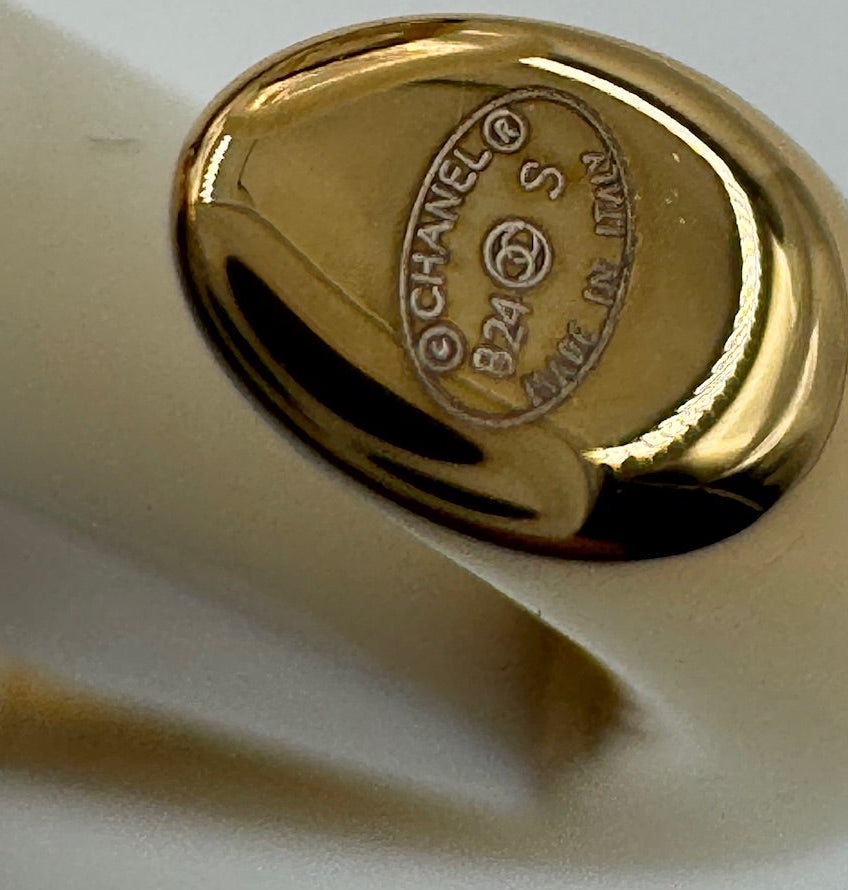 CHANEL Big White CC Clip On Gold Hoop Earrings