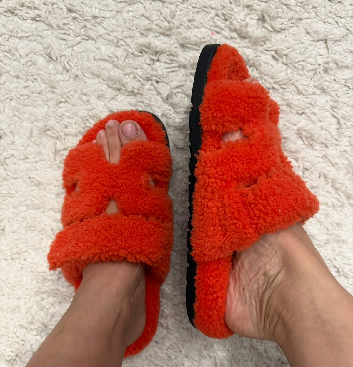 Hermès Orange Shearling Chypre Sandal