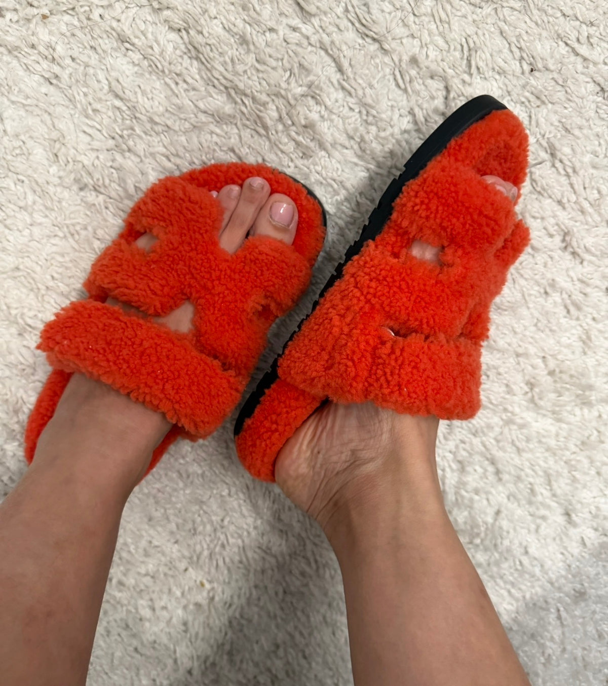 Hermès Orange Shearling Chypre Sandal