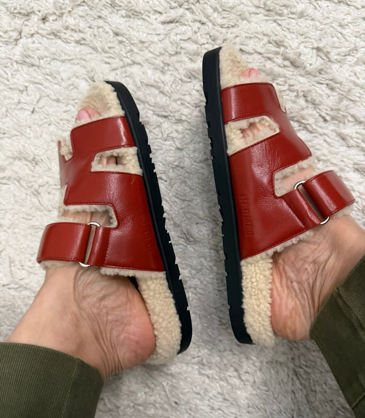 Hermès Rouge Sanguine and Ivory Shearling Chypre Sandals