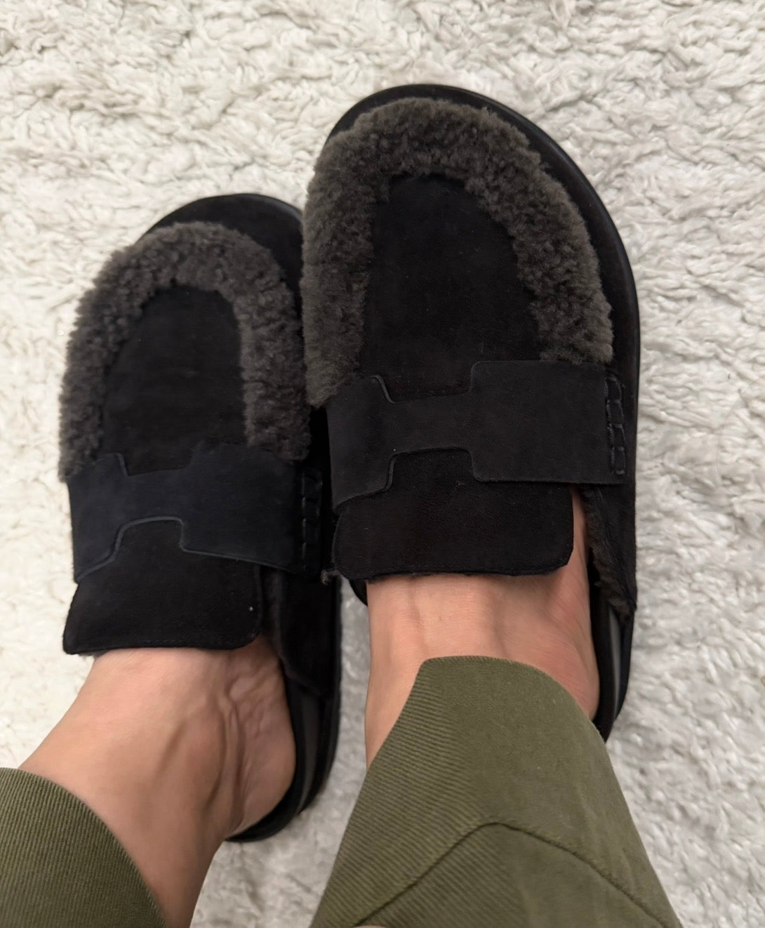 Hermès Black Shearling Go Mules