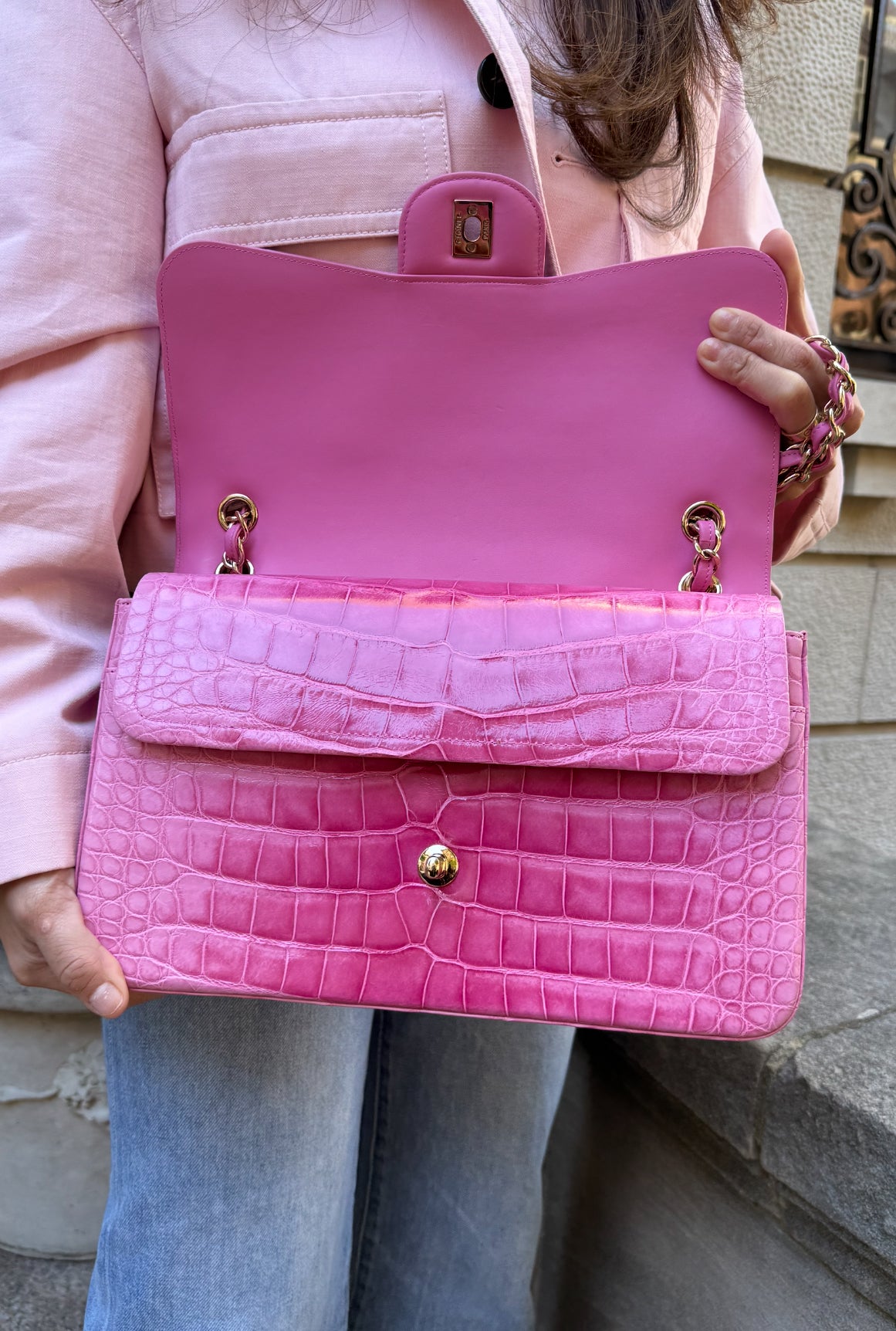 Chanel Pink Ombre Alligator Large Classic Double Flapbag