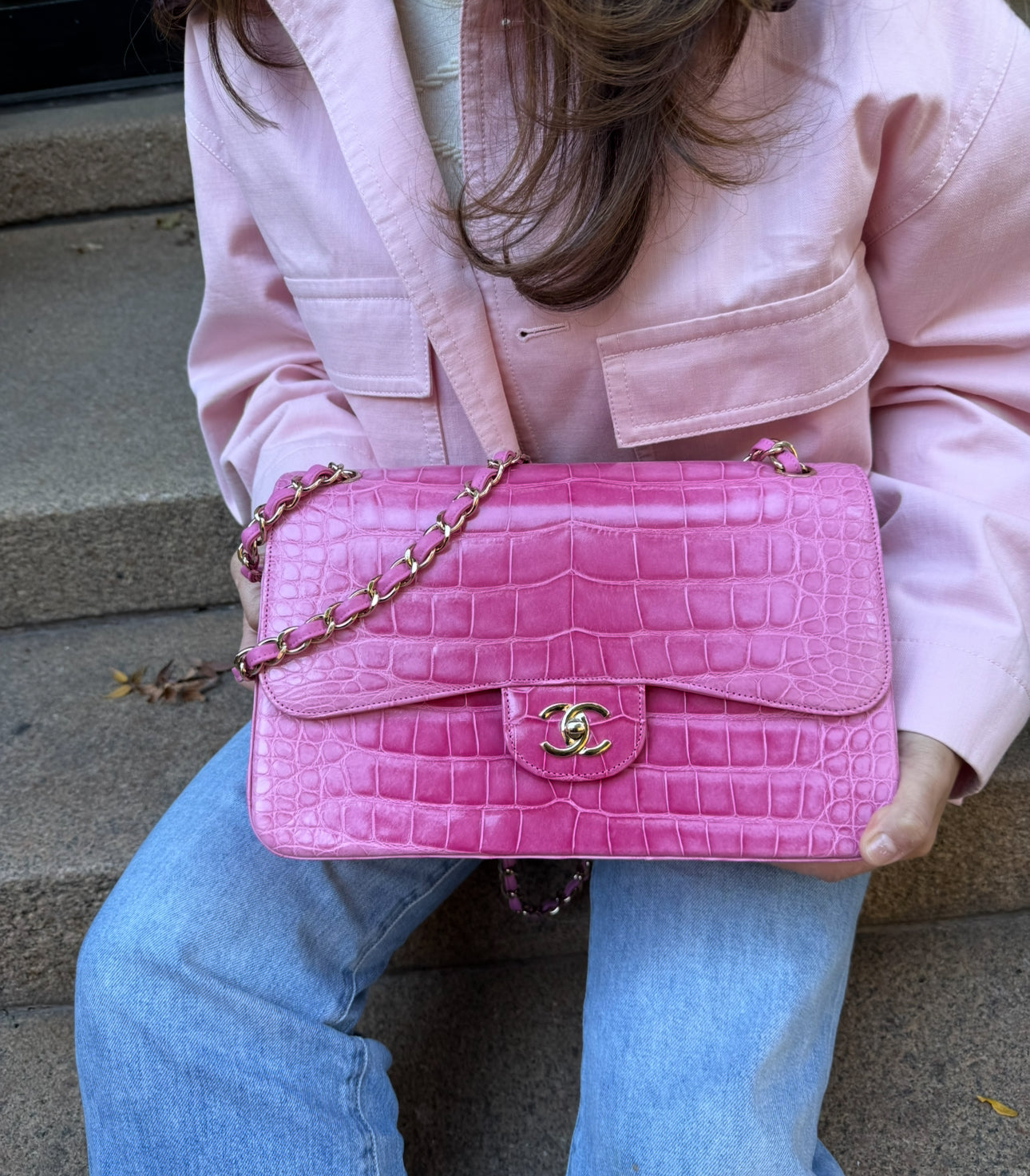 Chanel Pink Ombre Alligator Large Classic Double Flapbag