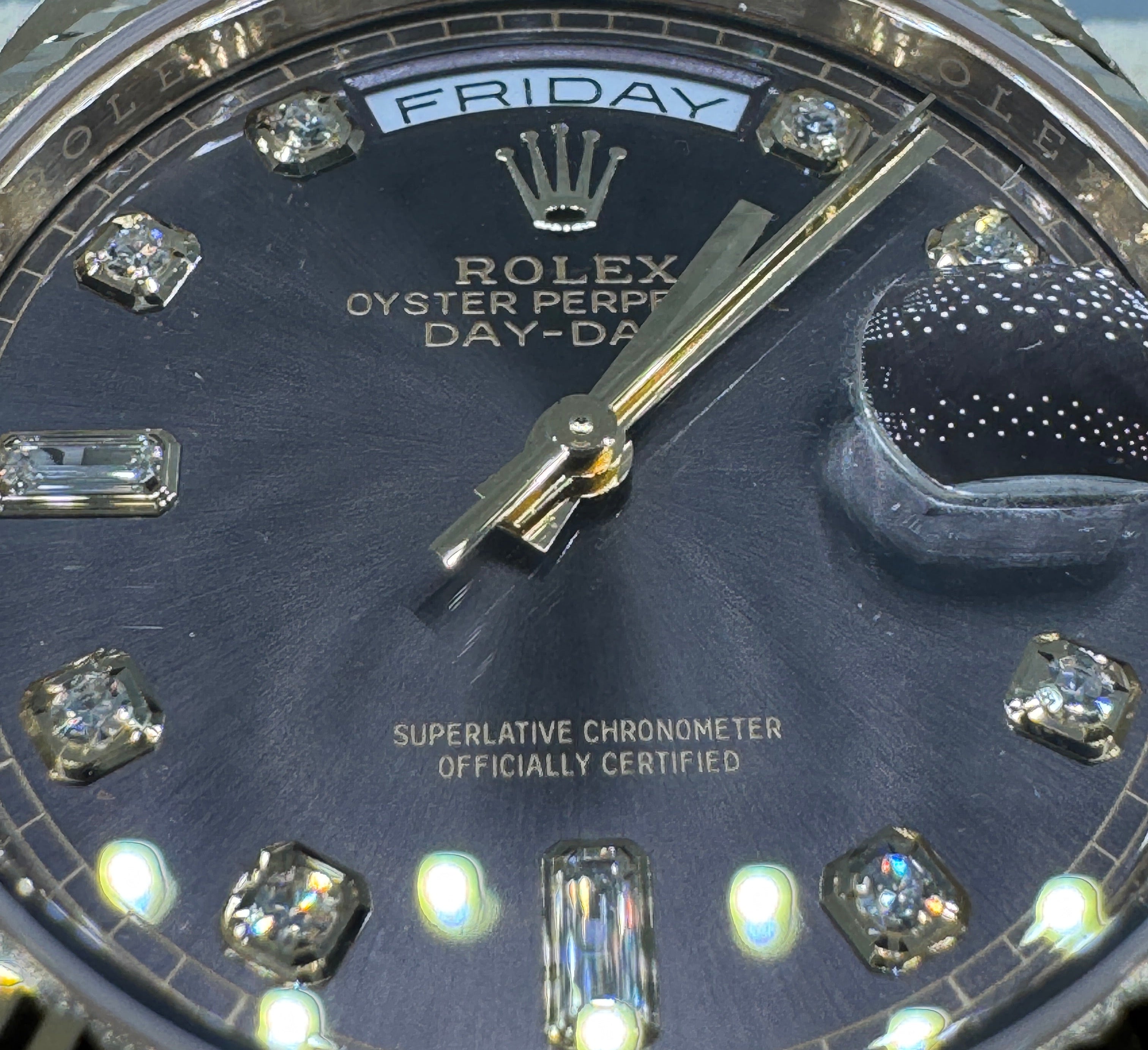 Rolex 36MM Day Date Yellow Gold and Dark Gray Dial with Diamonds