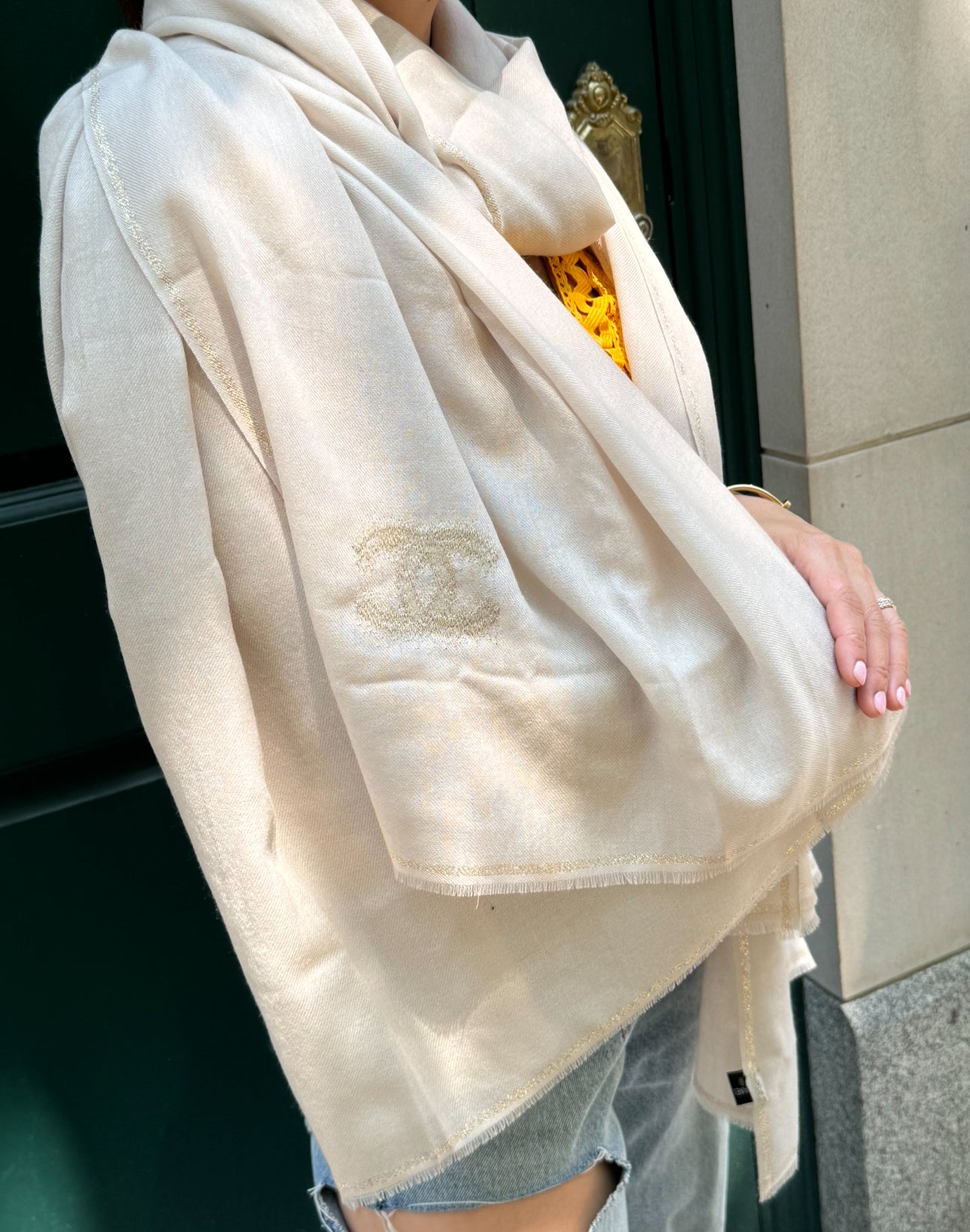 Chanel Beige Cashmere Silk Scarf with CC Logo