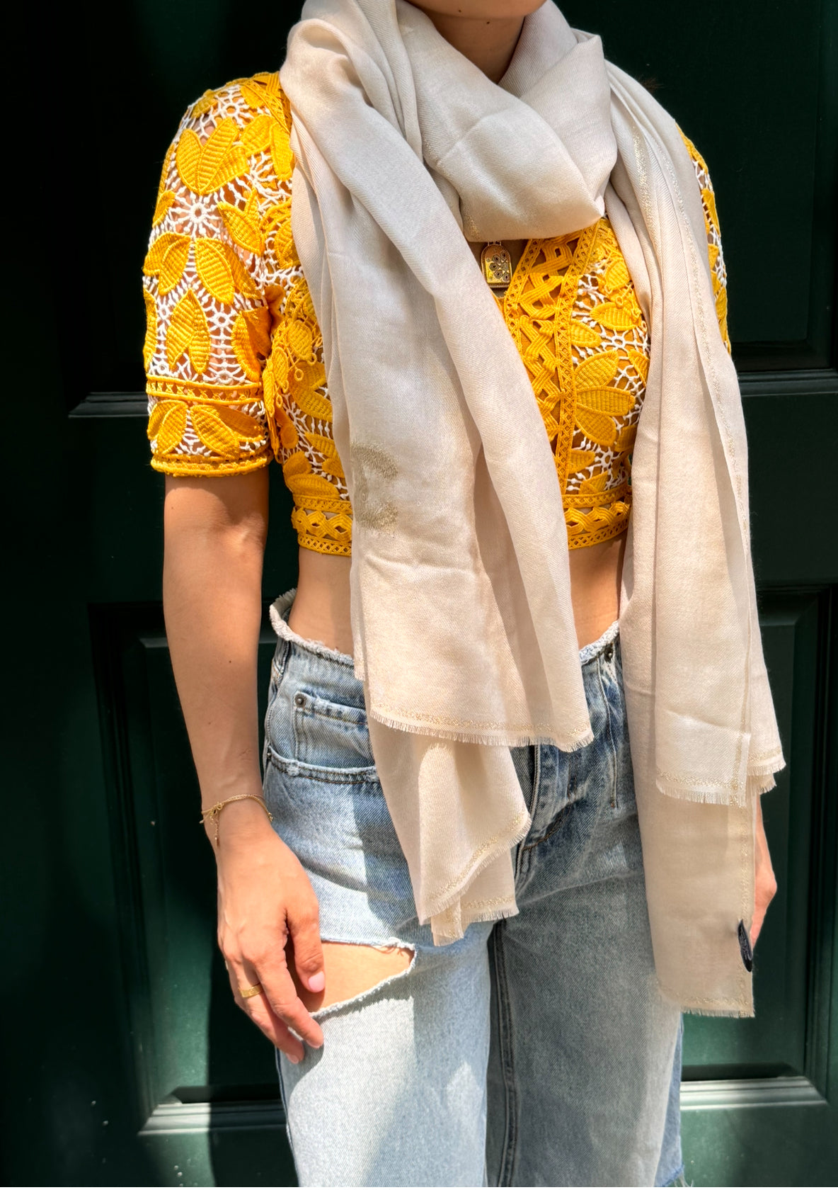Chanel Beige Cashmere Silk Scarf with CC Logo