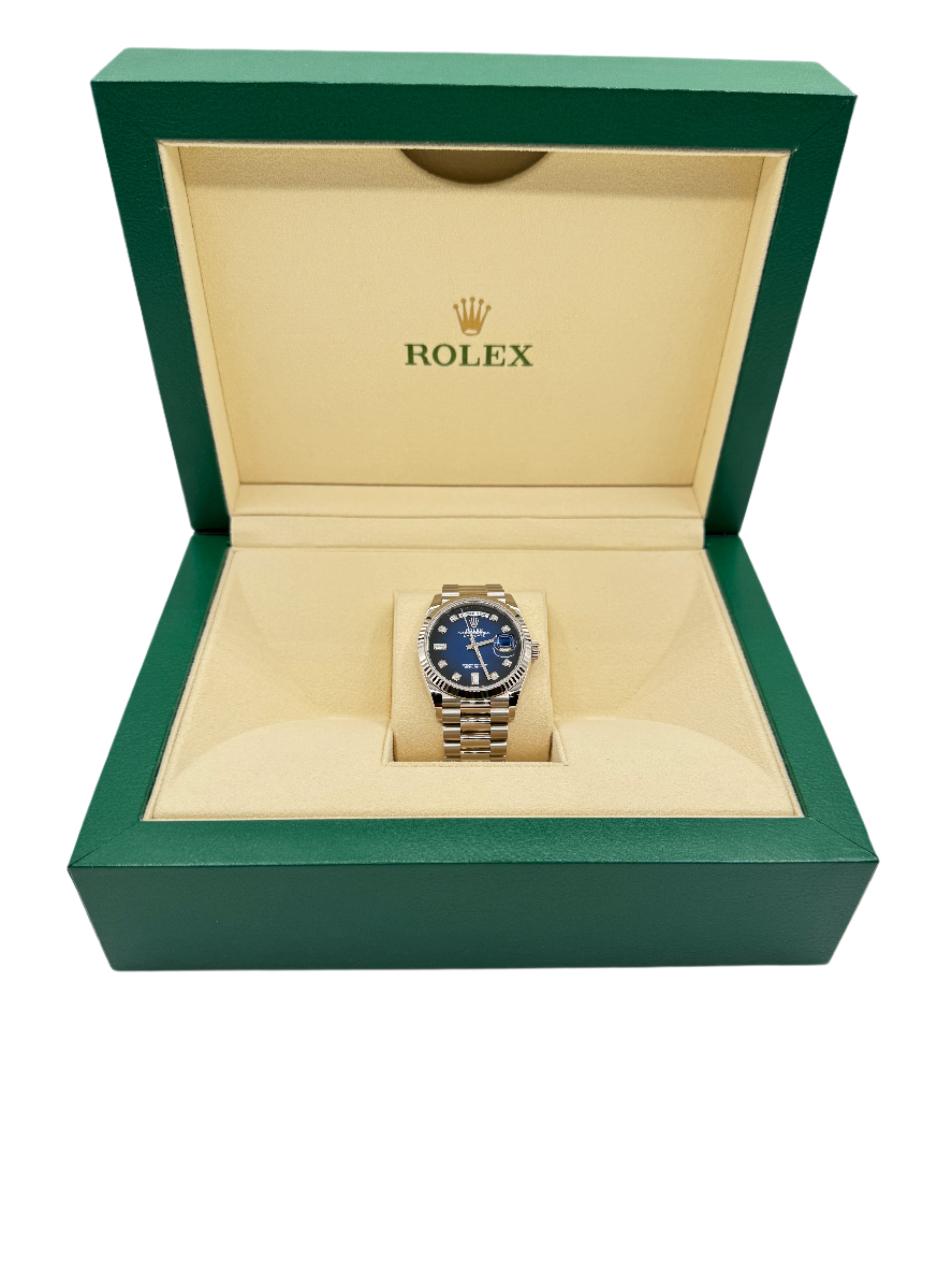 Rolex 36MM Day Date White Gold and Blue Ombre Dial with Diamonds