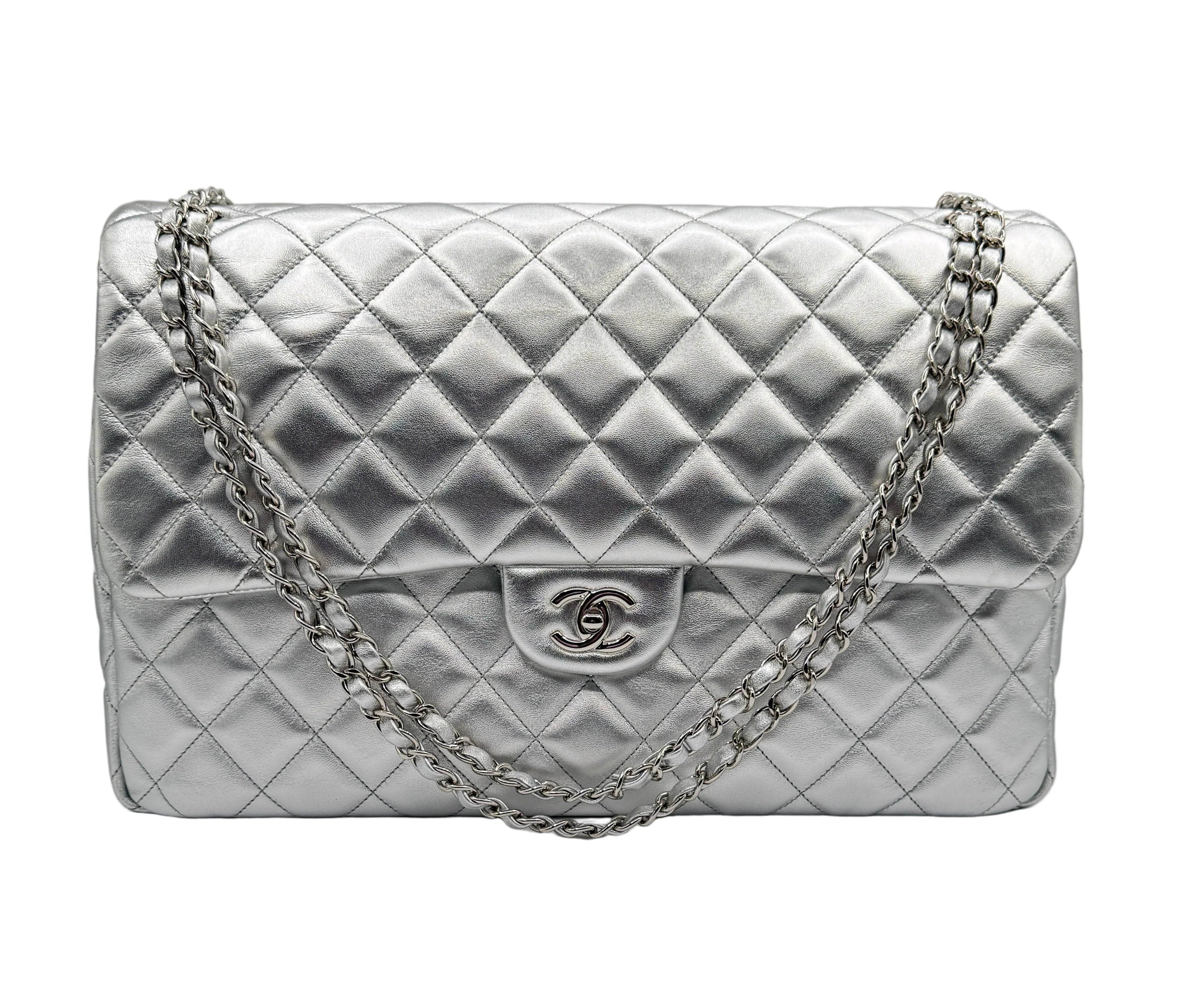 CHANEL Silver Metallic XXL Lambskin Flapbag