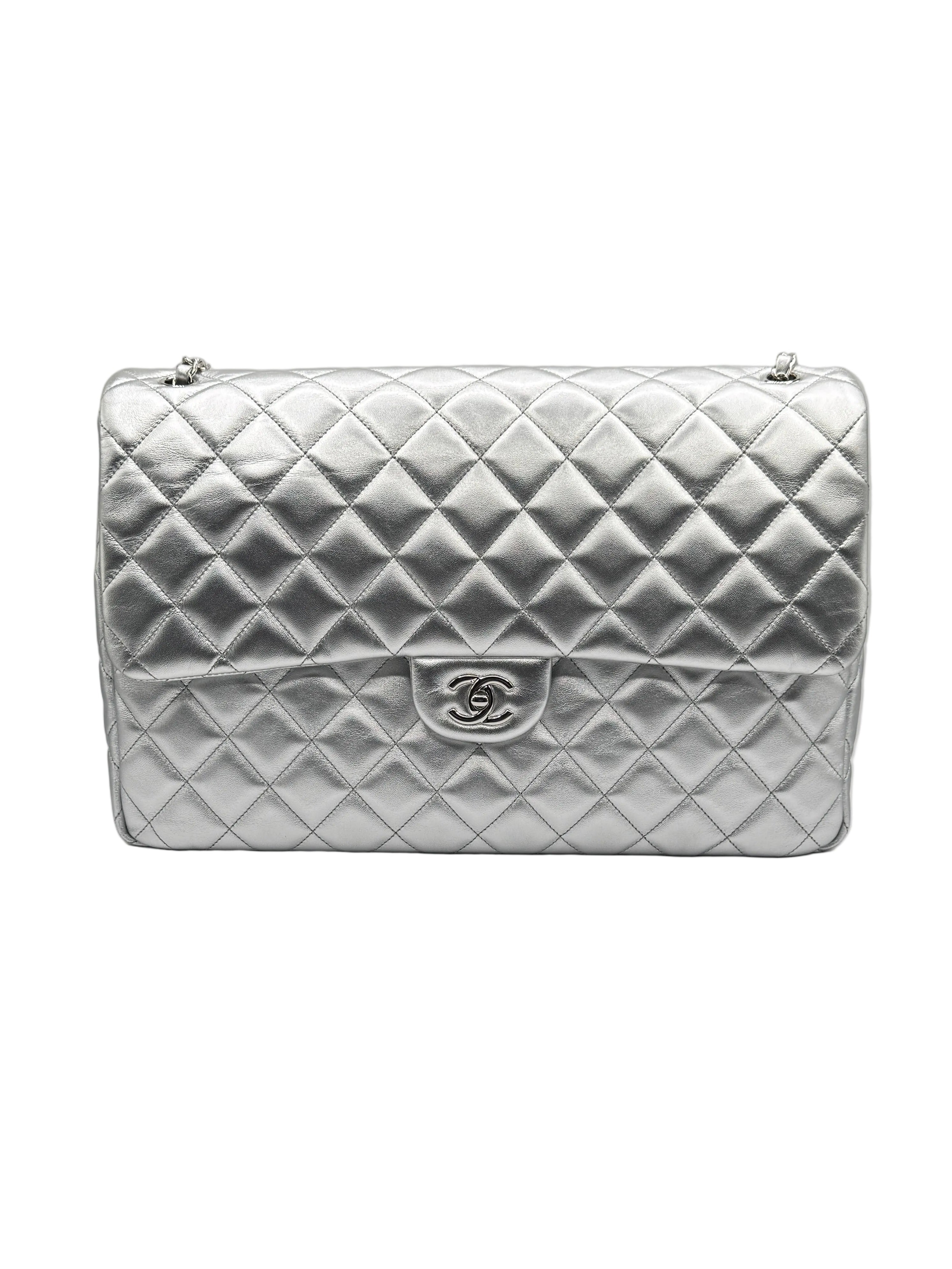 CHANEL Silver Metallic XXL Lambskin Flapbag