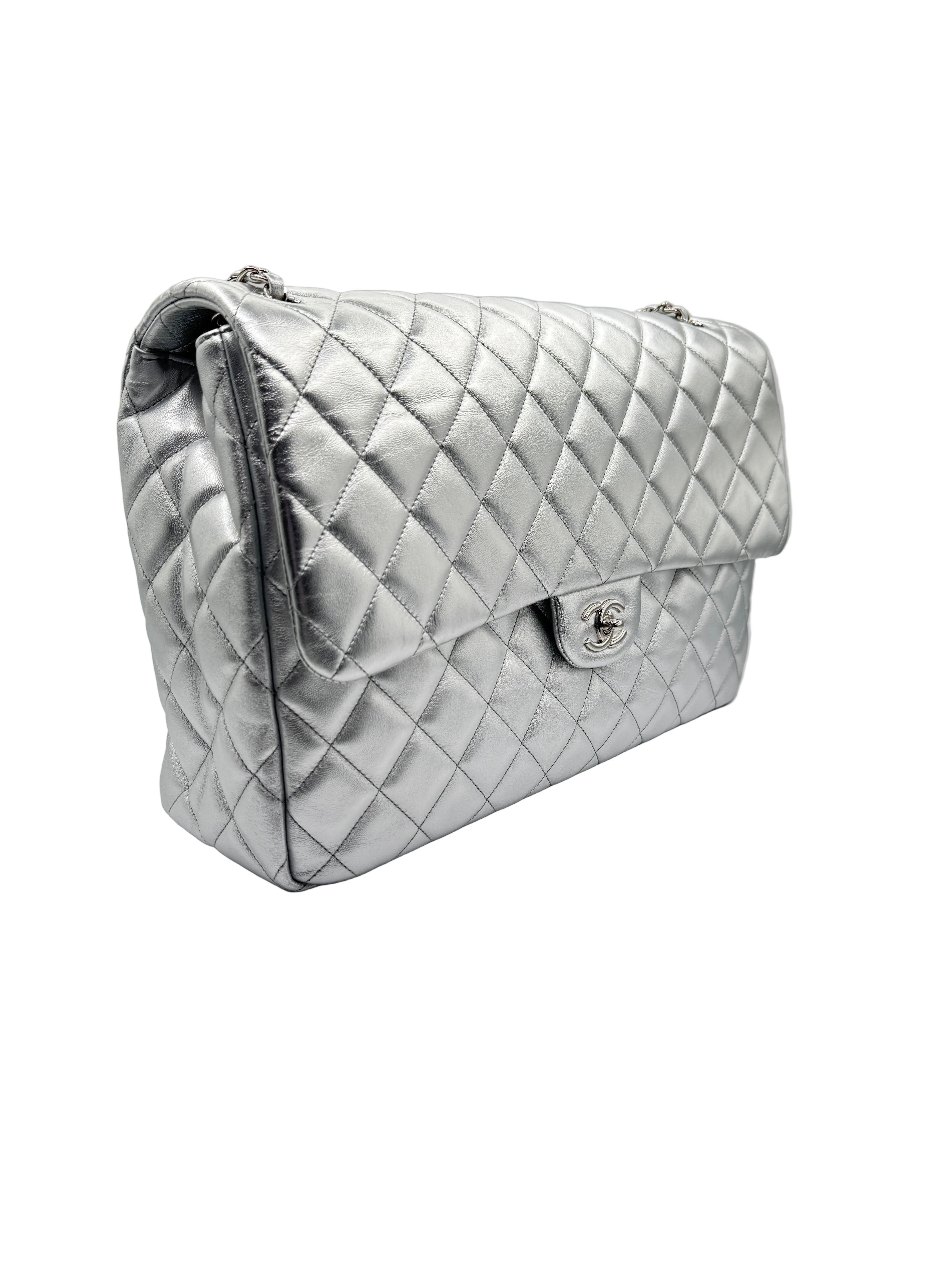 CHANEL Silver Metallic XXL Lambskin Flapbag