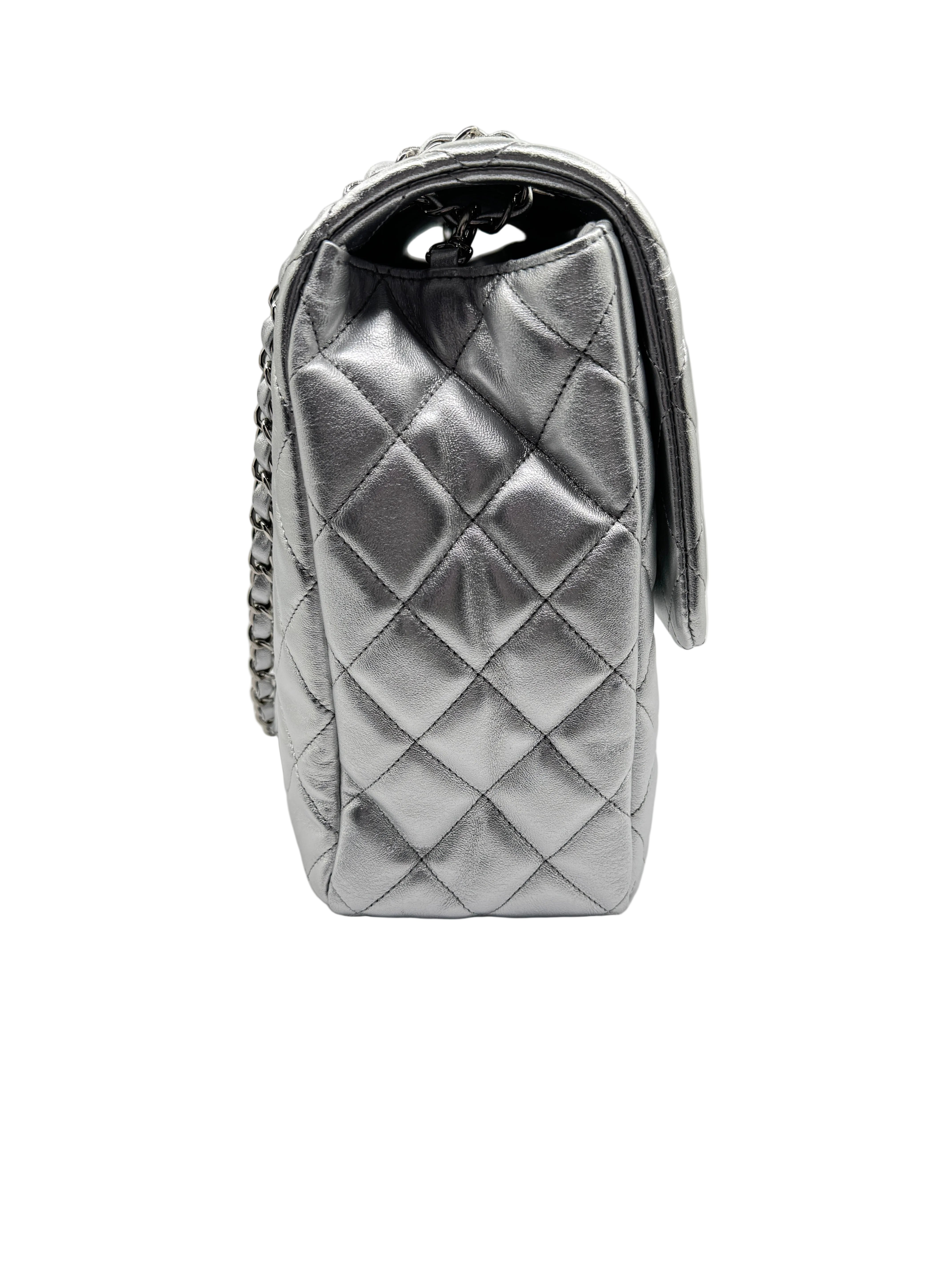CHANEL Silver Metallic XXL Lambskin Flapbag