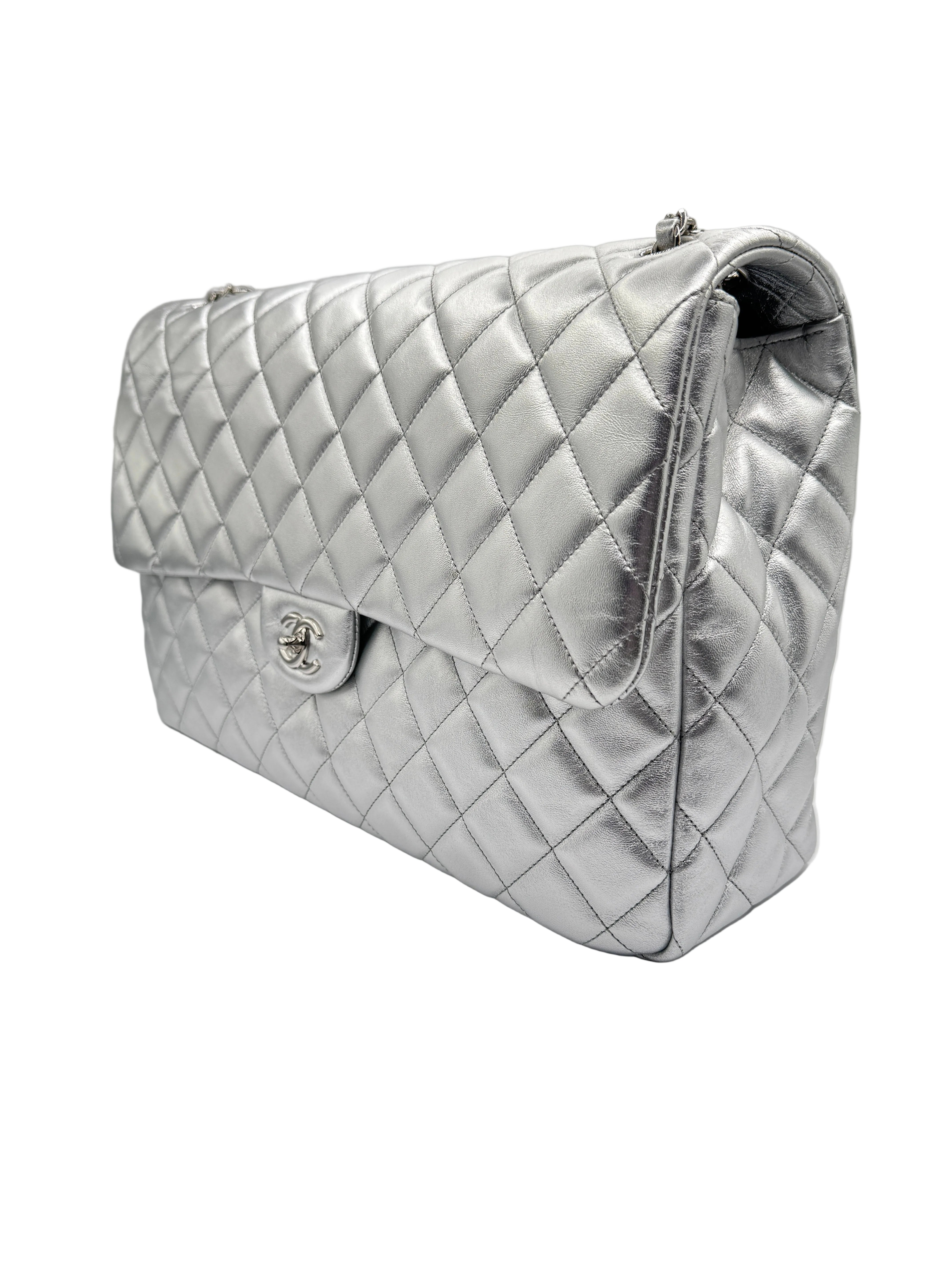 CHANEL Silver Metallic XXL Lambskin Flapbag