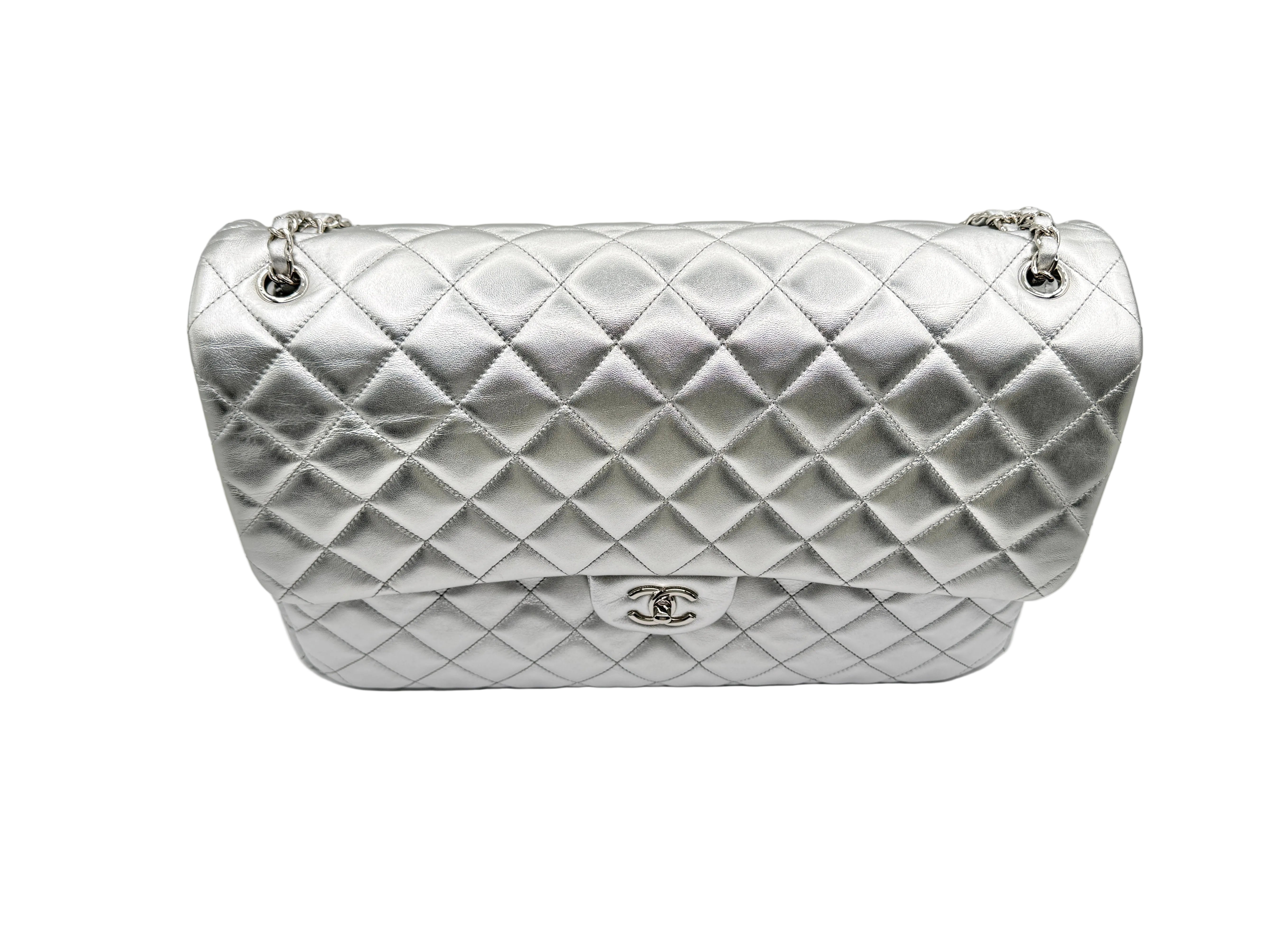 CHANEL Silver Metallic XXL Lambskin Flapbag