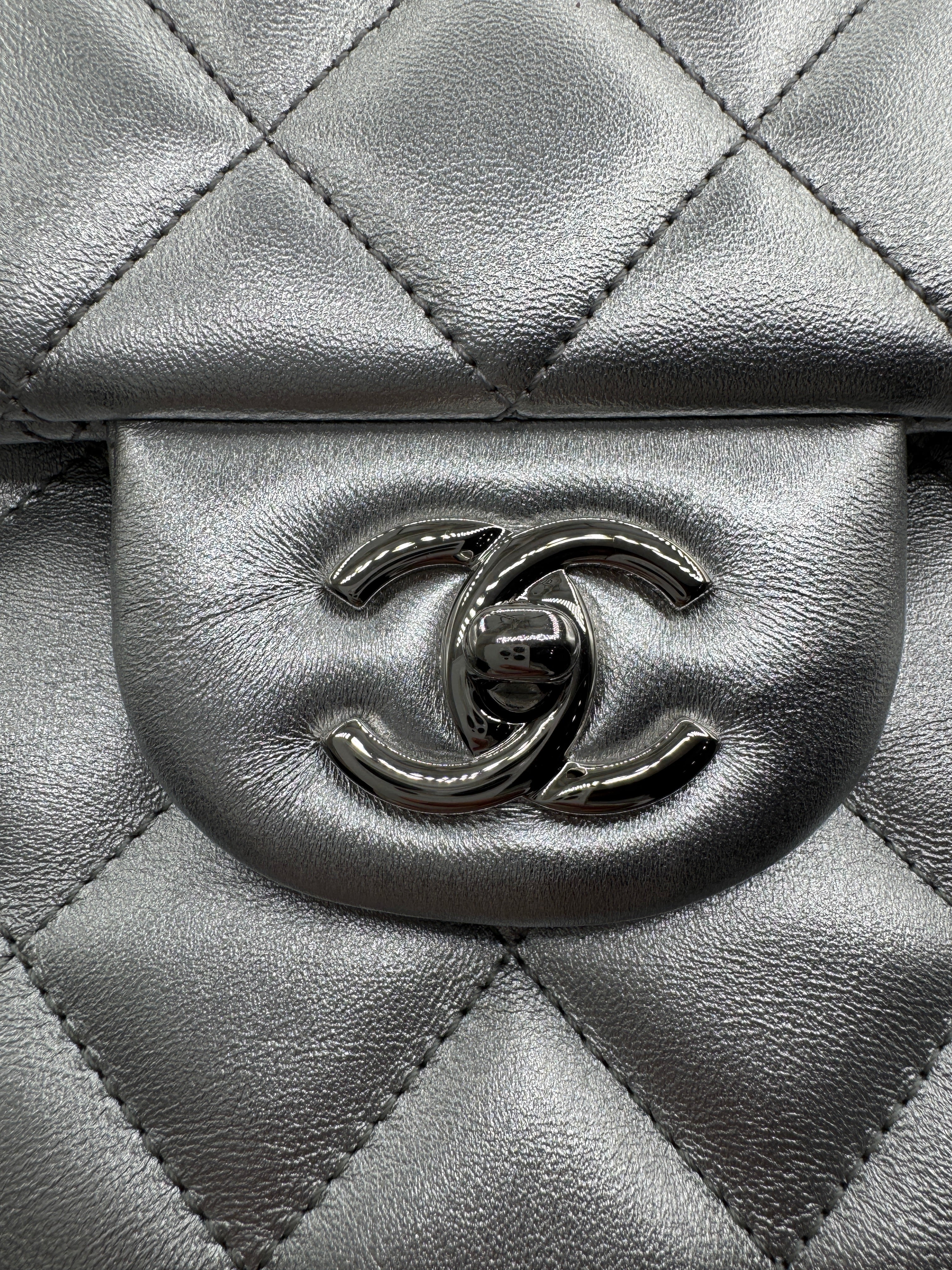 CHANEL Silver Metallic XXL Lambskin Flapbag