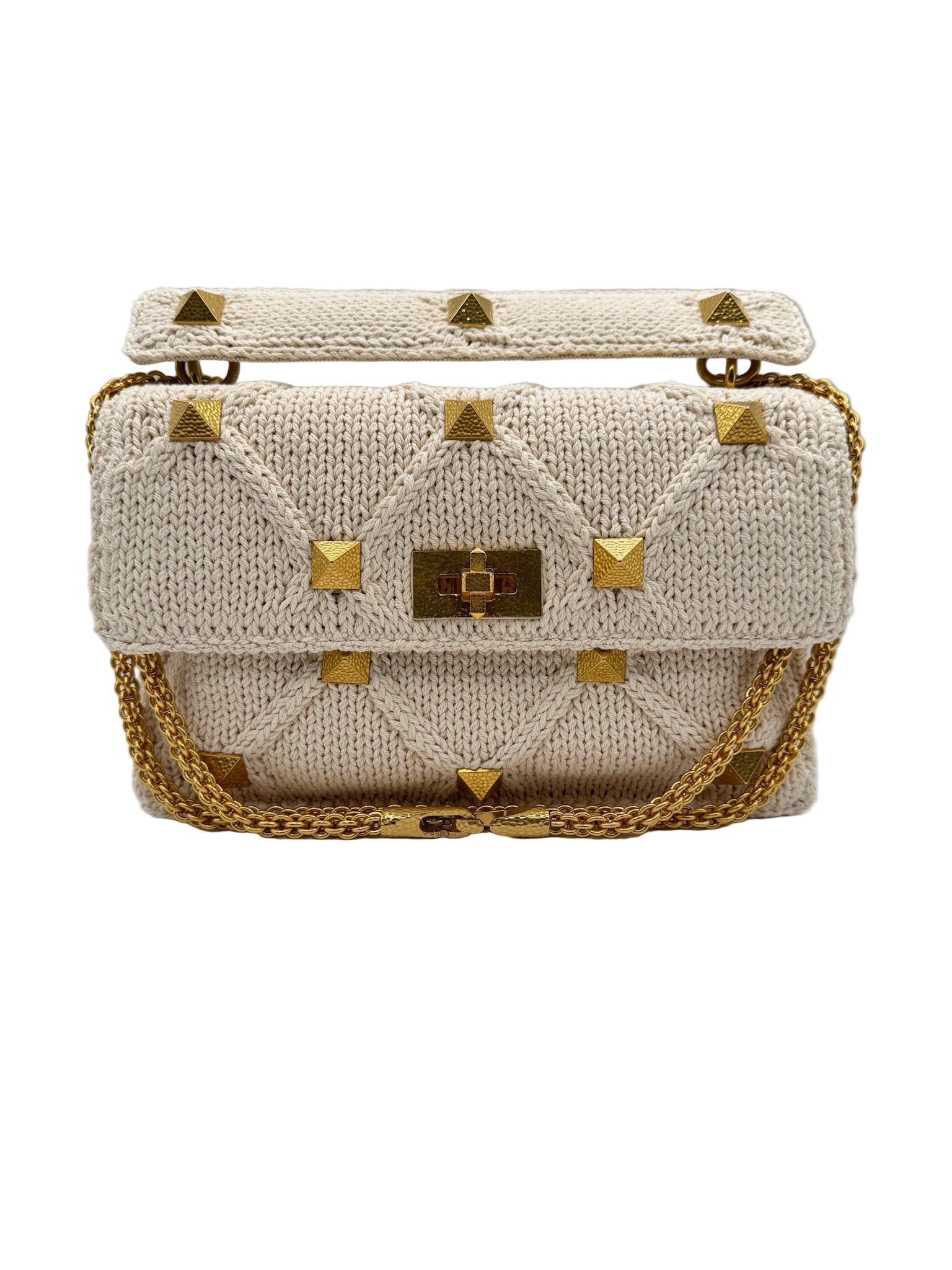 Valentino White Ivory Knit Rockstud Bag