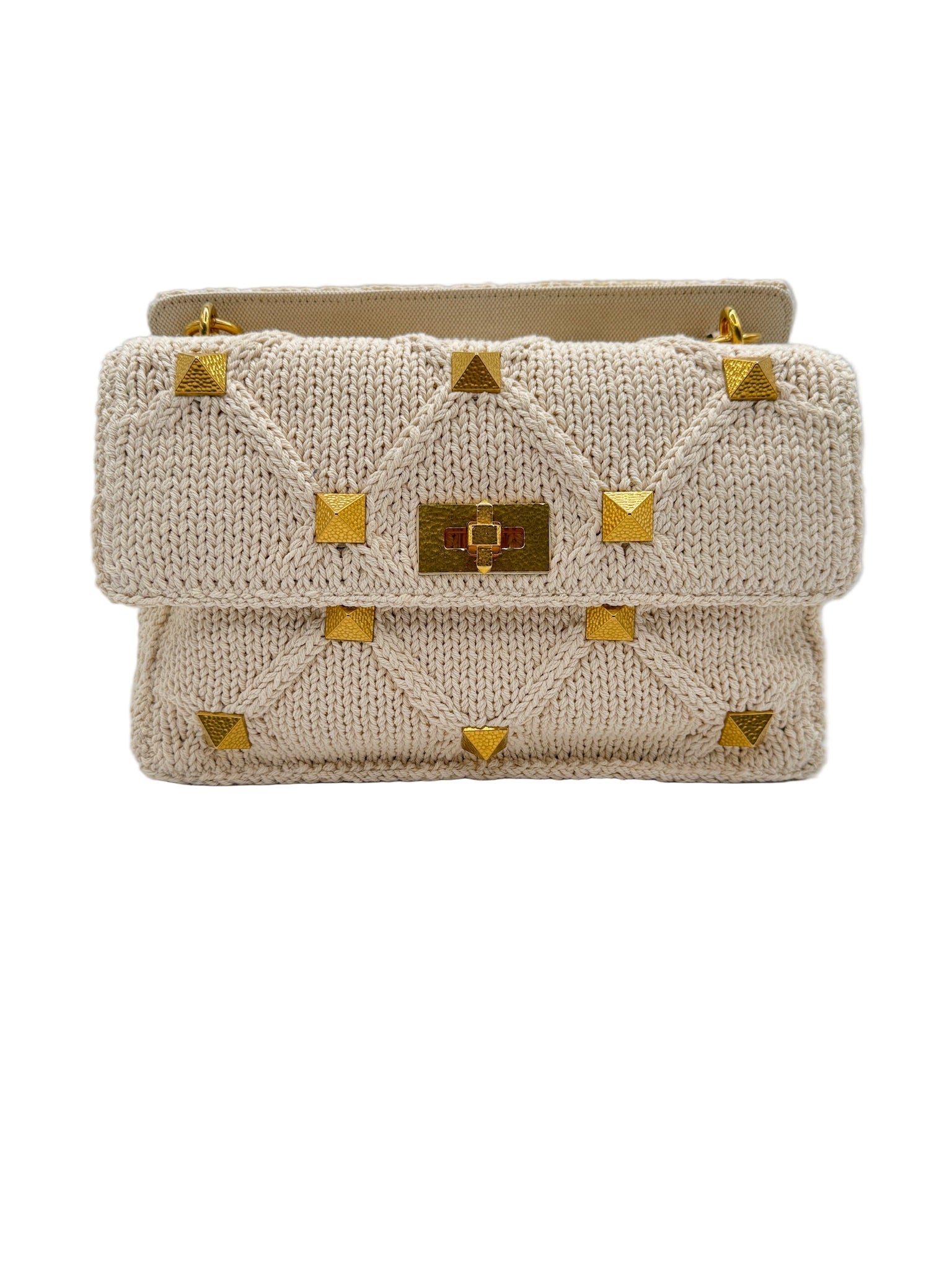 Valentino White Ivory Knit Rockstud Bag