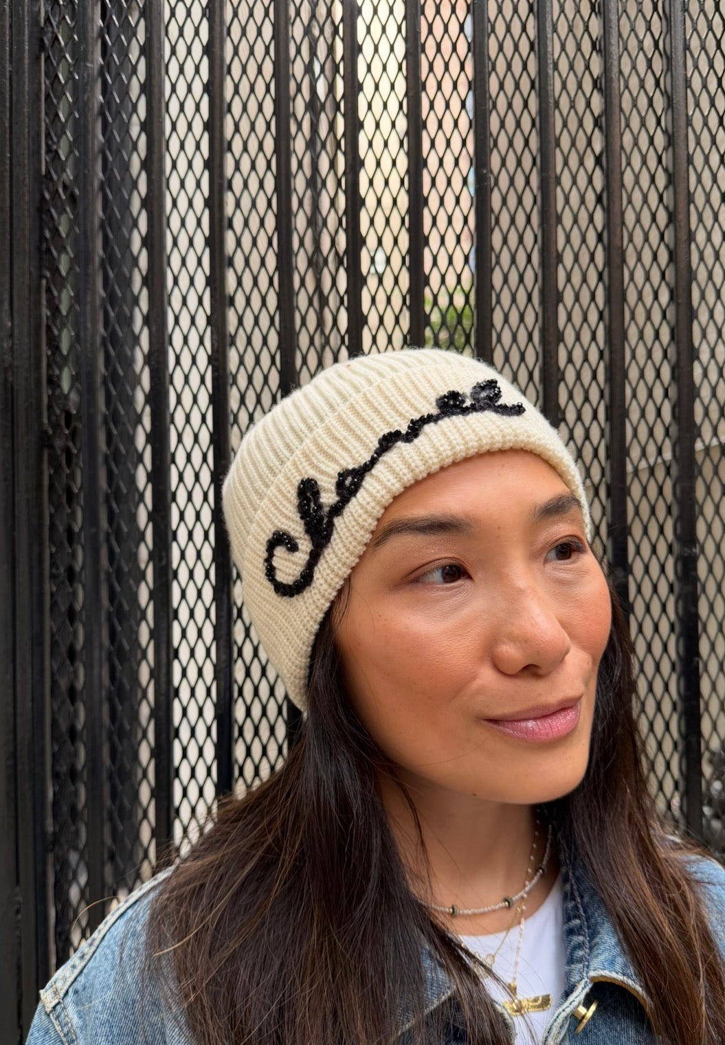 Chanel White Beanie with Black Pearls Logo