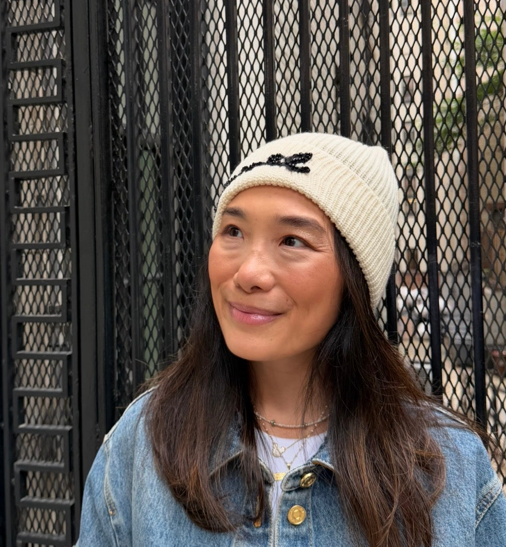 Chanel White Beanie with Black Pearls Logo