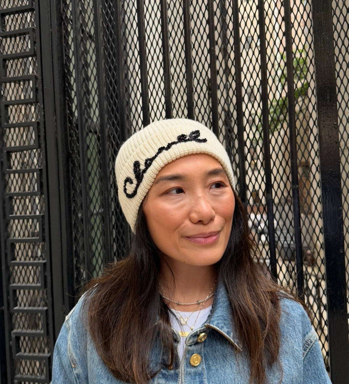 Chanel White Beanie with Black Pearls Logo