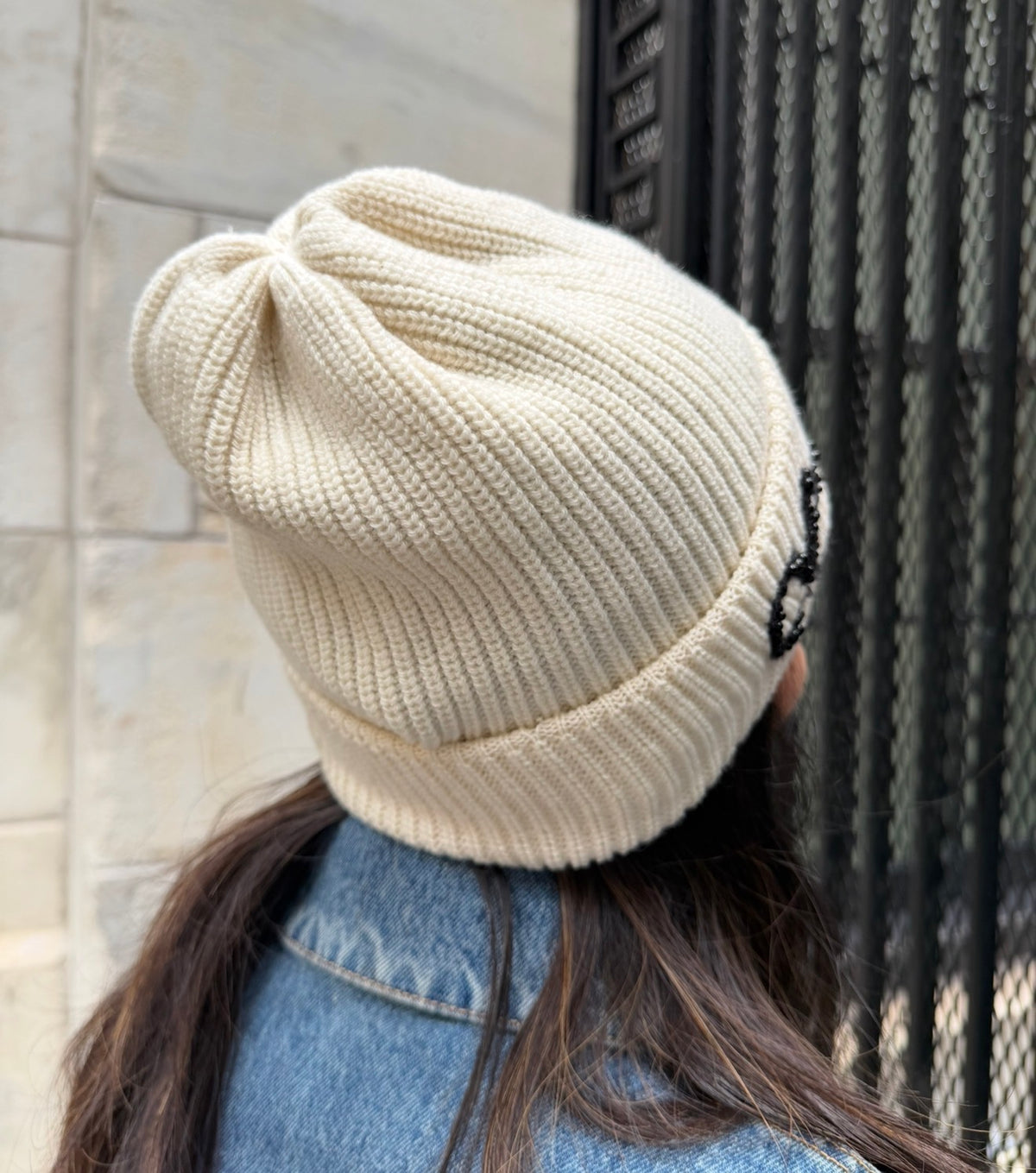 Chanel White Beanie with Black Pearls Logo
