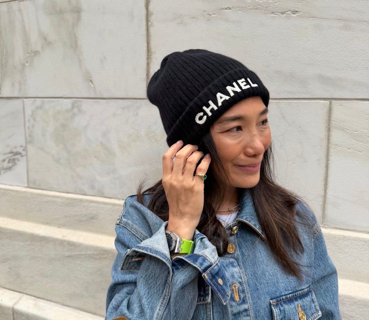 Chanel Black Beanie with White Chanel Sequins Logo