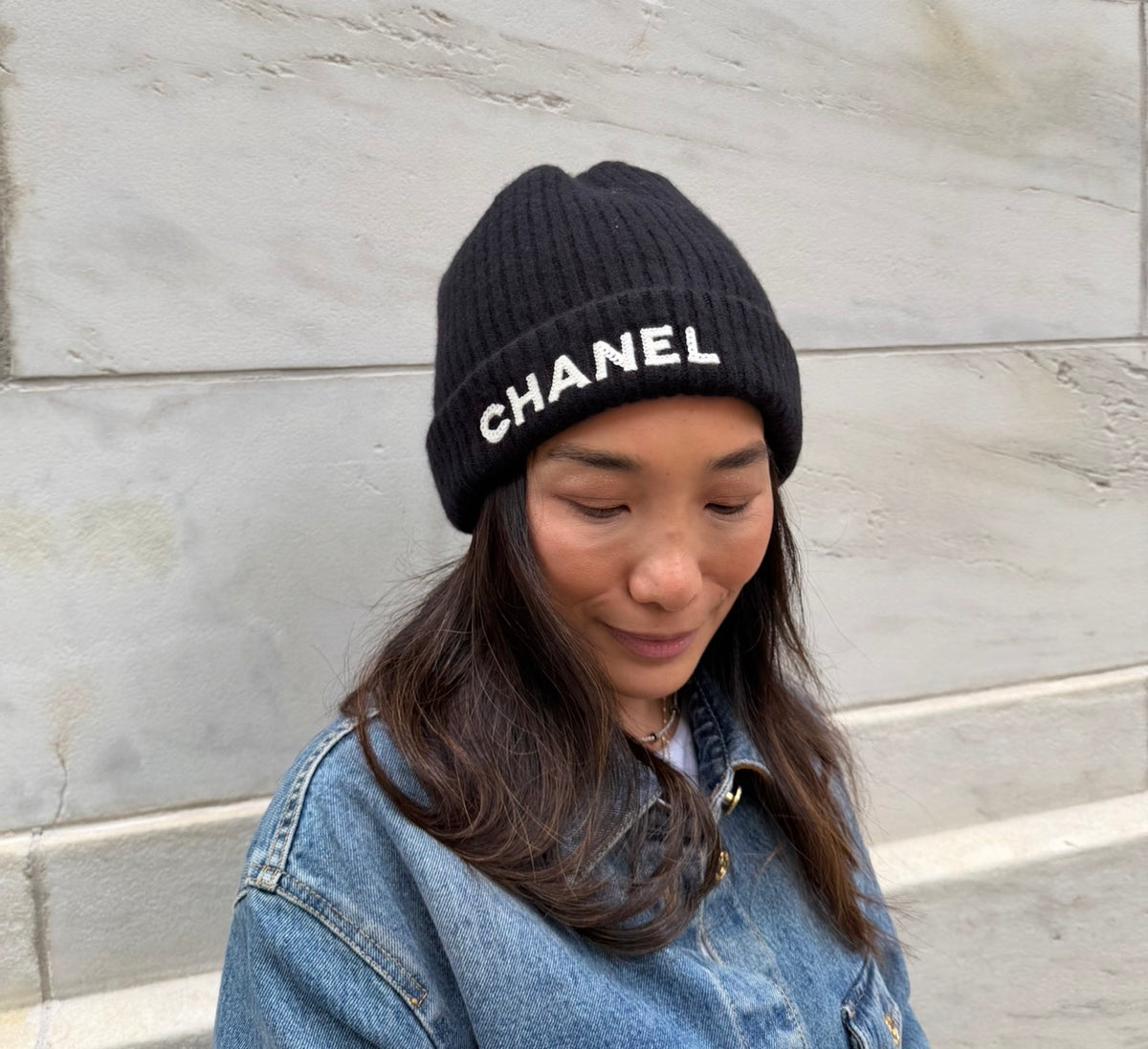 Chanel Black Beanie with White Chanel Sequins Logo