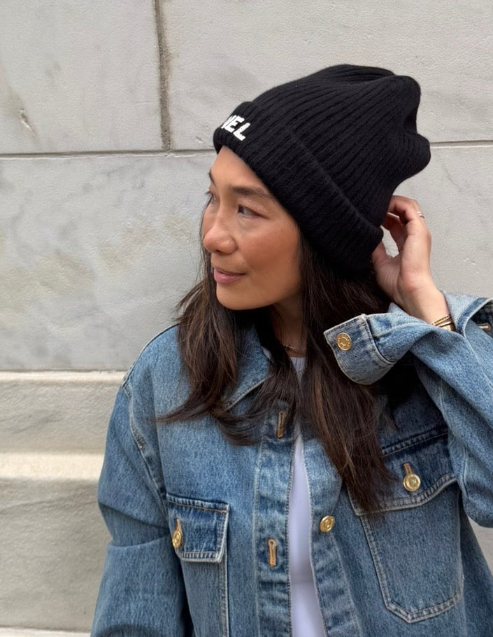 Chanel Black Beanie with White Chanel Sequins Logo