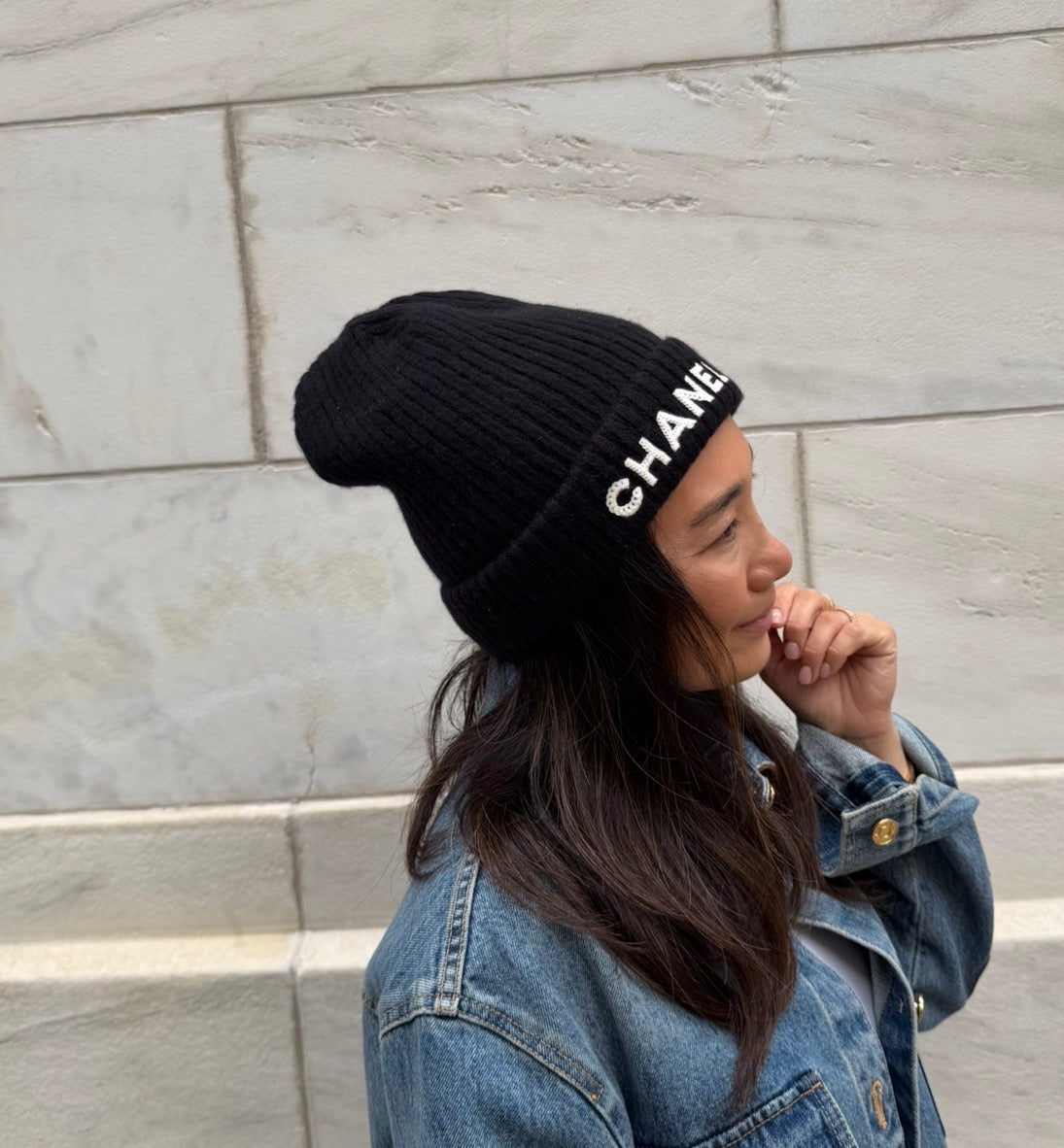 Chanel Black Beanie with White Chanel Sequins Logo