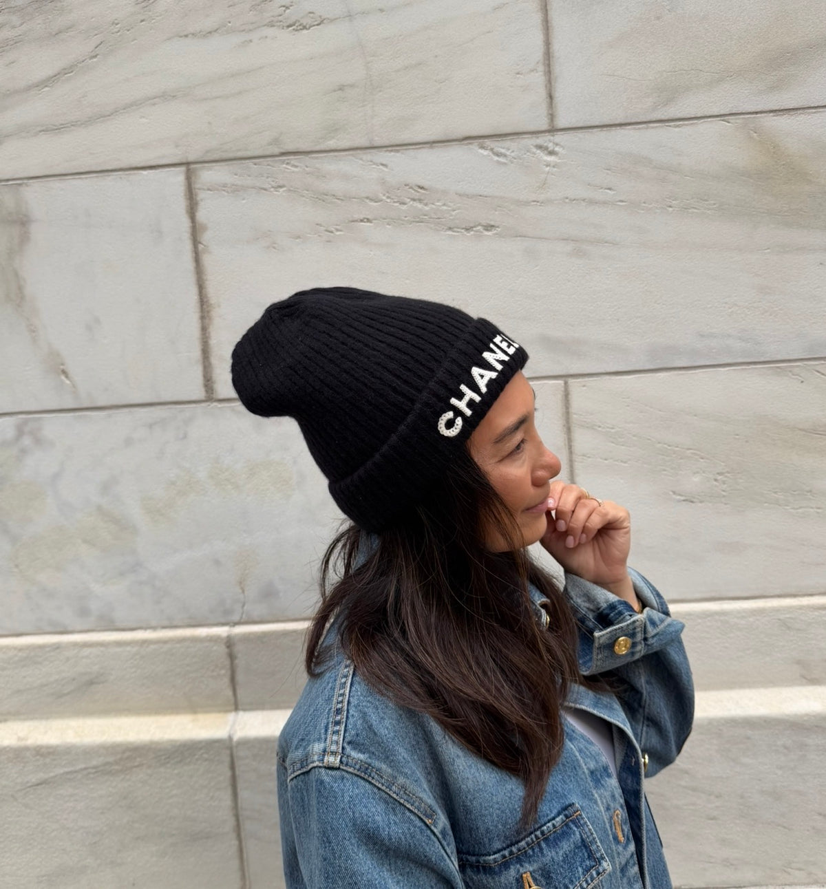 Chanel Black Beanie with White Chanel Sequins Logo