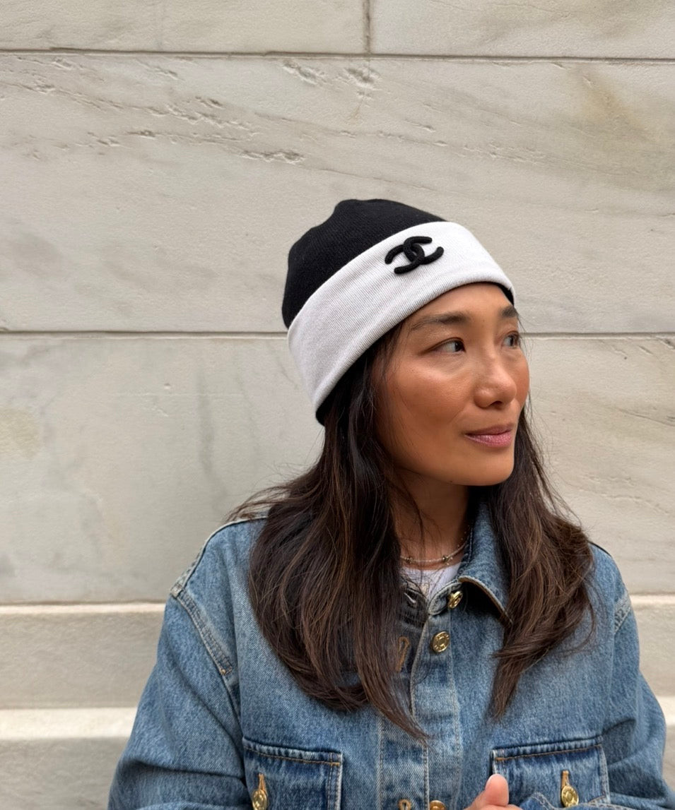 Chanel Black with White Beanie Black CC Logo